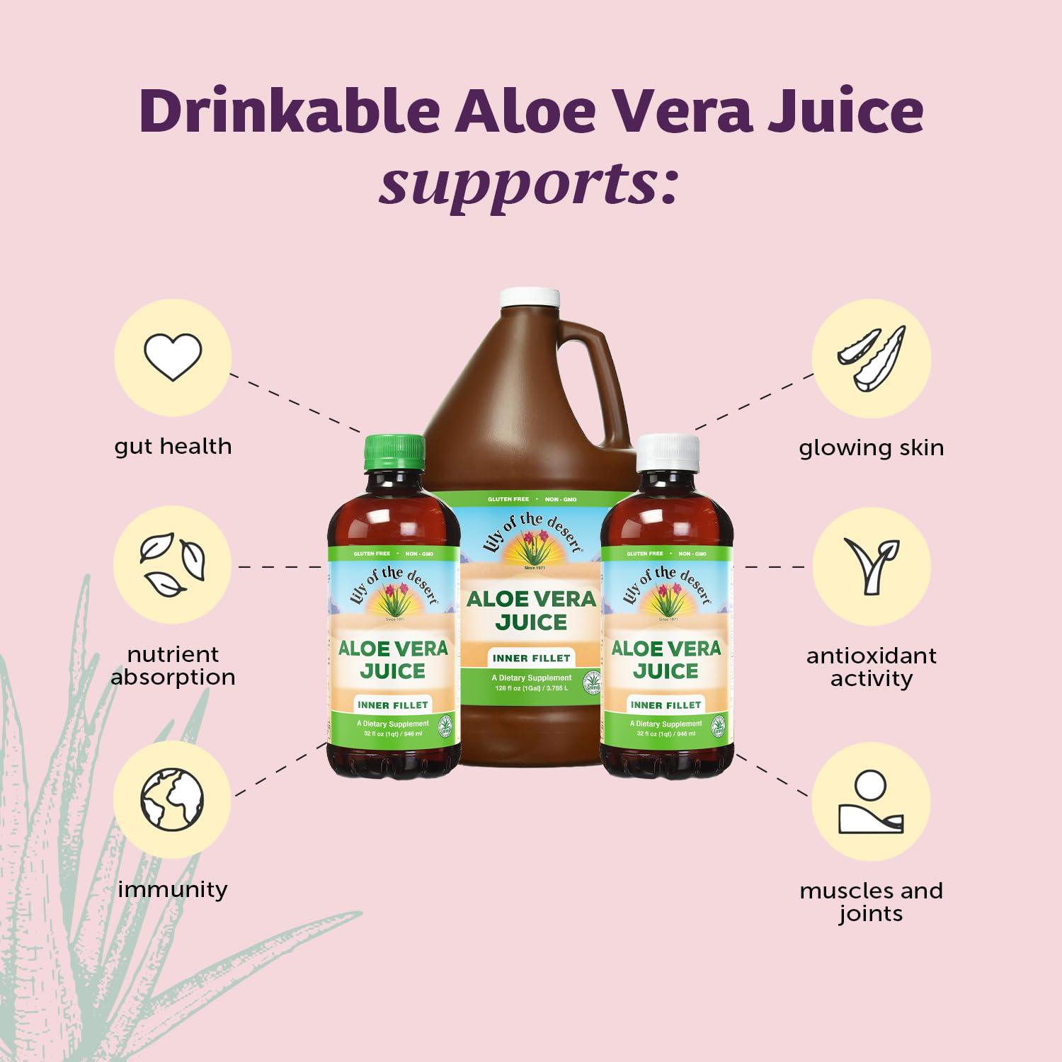 Lily Of The Desert Lily Of The Desert Aloe Vera Juice - Inner Fillet Aloe Vera Drink, Organic Aloe Juice with Natural Vitamins, Digestive Enzymes for Gut Health, Stomach Relief, Wellness, Glowing Skin, 32 Fl Oz