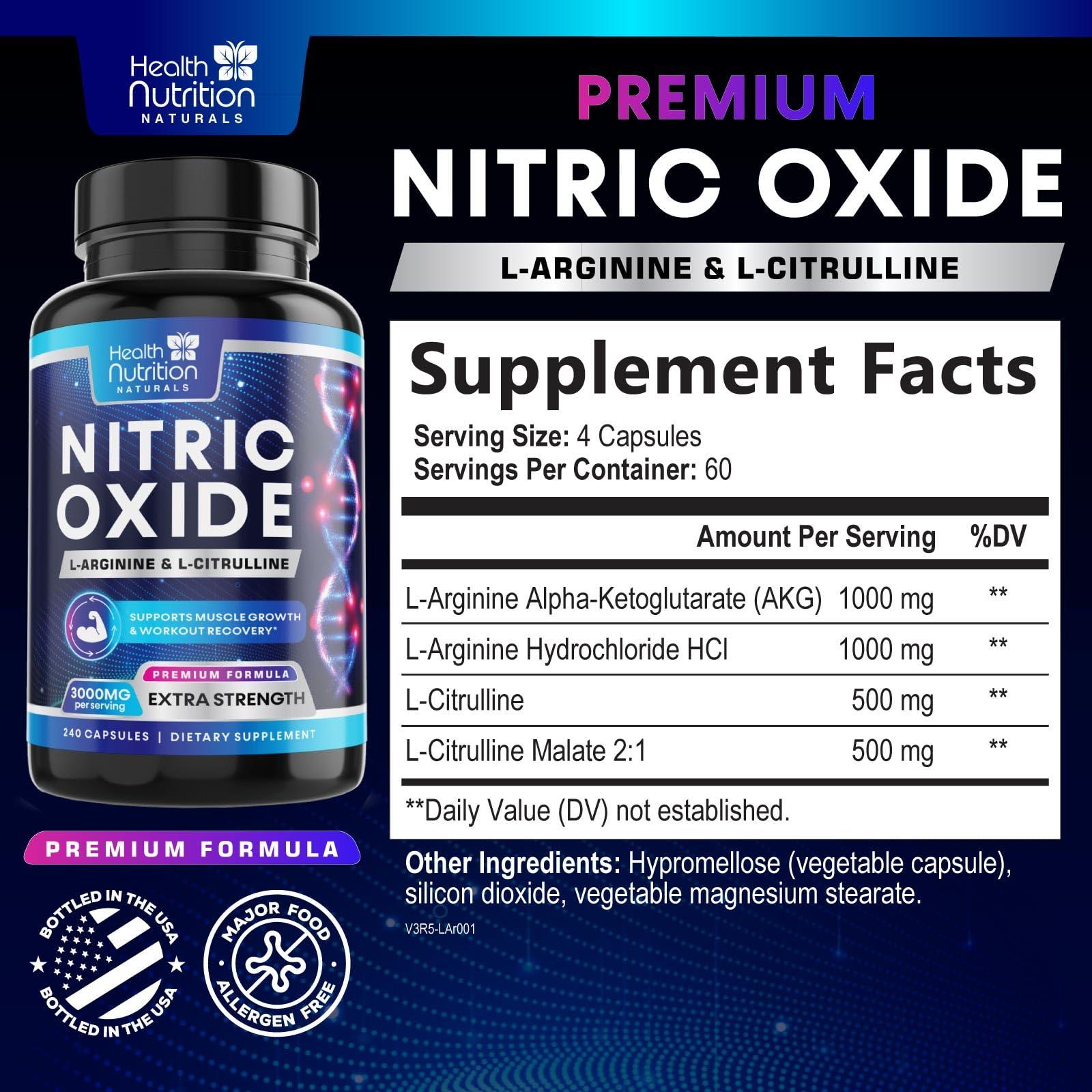 Health Nutrition Naturals Extra Strength Nitric Oxide Supplement L Arginine 3X Strength - Citrulline Malate, AAKG, Beta Alanine - Premium Muscle Supporting Nitric Booster for Energy & Strength to Train Harder - 240 Capsules