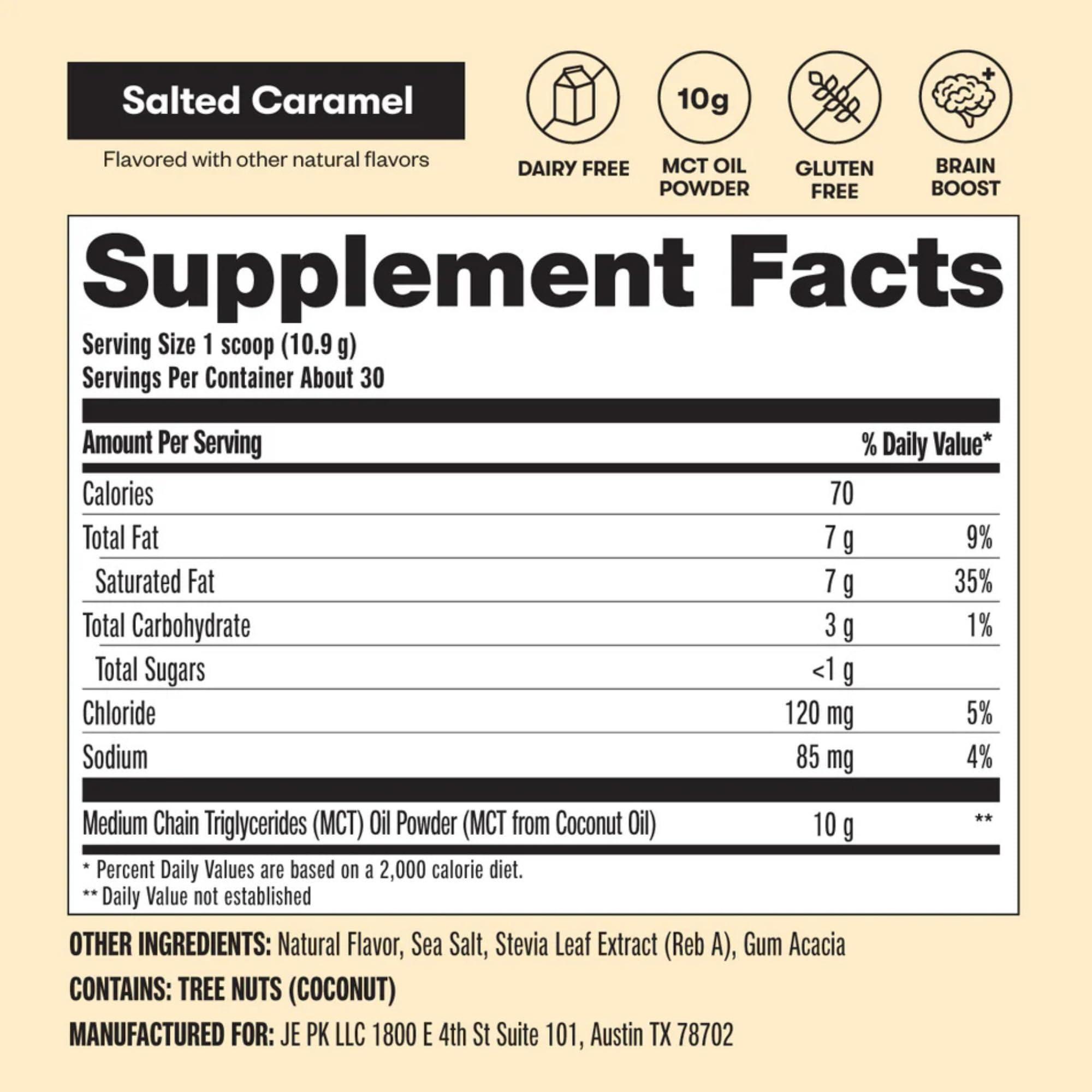Perfect Keto Perfect Keto 7g MCT Oil Powder, Medium Chain Triglycerides Supplement, Non Dairy Coffee Creamer for Keto Diet, Ketogenic MCT Oil Mix for Coffee, Smoothie, Protein Shakes, Salted Caramel, 30 Servings
