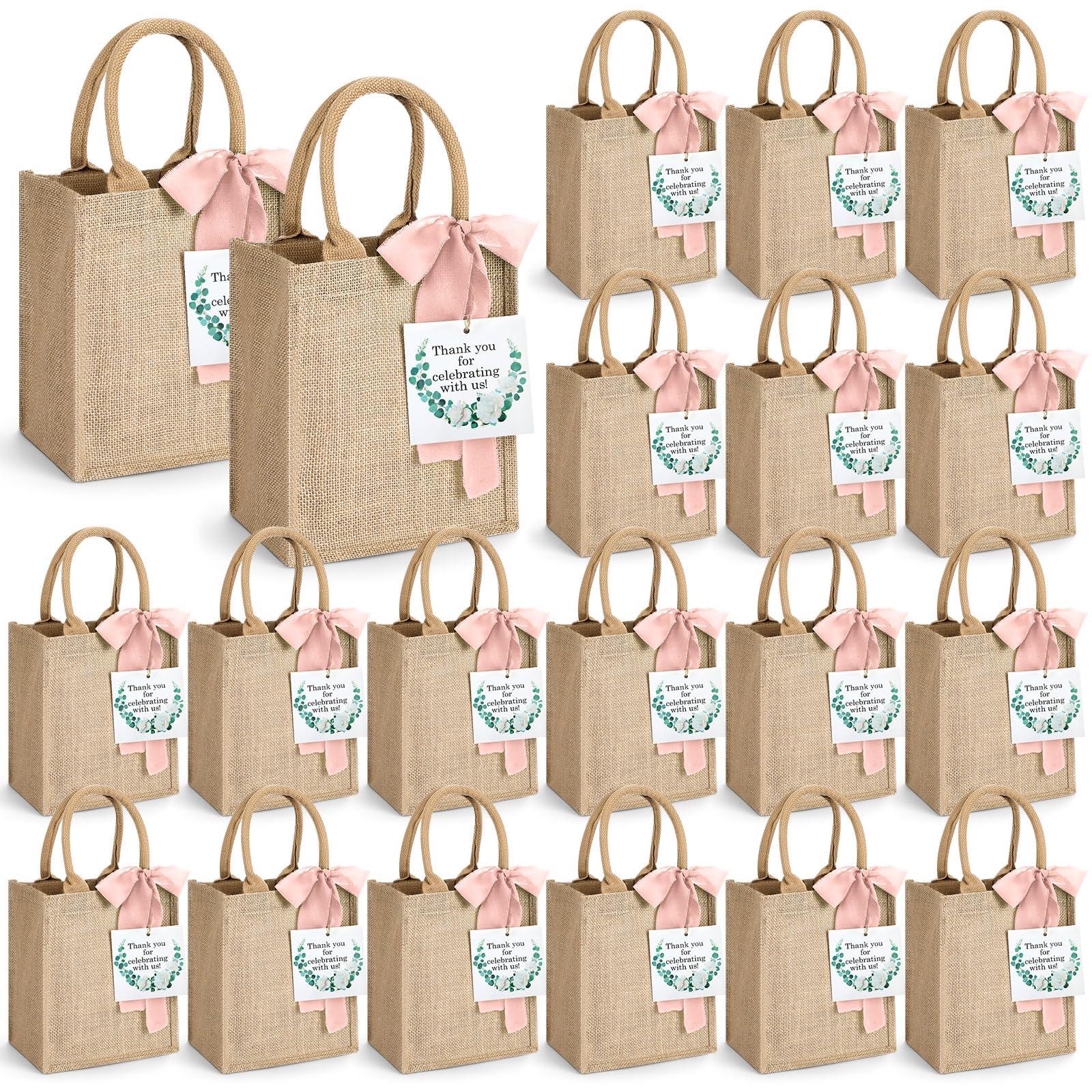 GliCraft GliCraft 20 Pack Burlap Tote Bags with Handles Reusable Jute Gift Bags Thank You Gift Tags Chiffon Silk Ribbons for Wedding Invitations Parties and Baby Showers Bridesmaid(Pink)