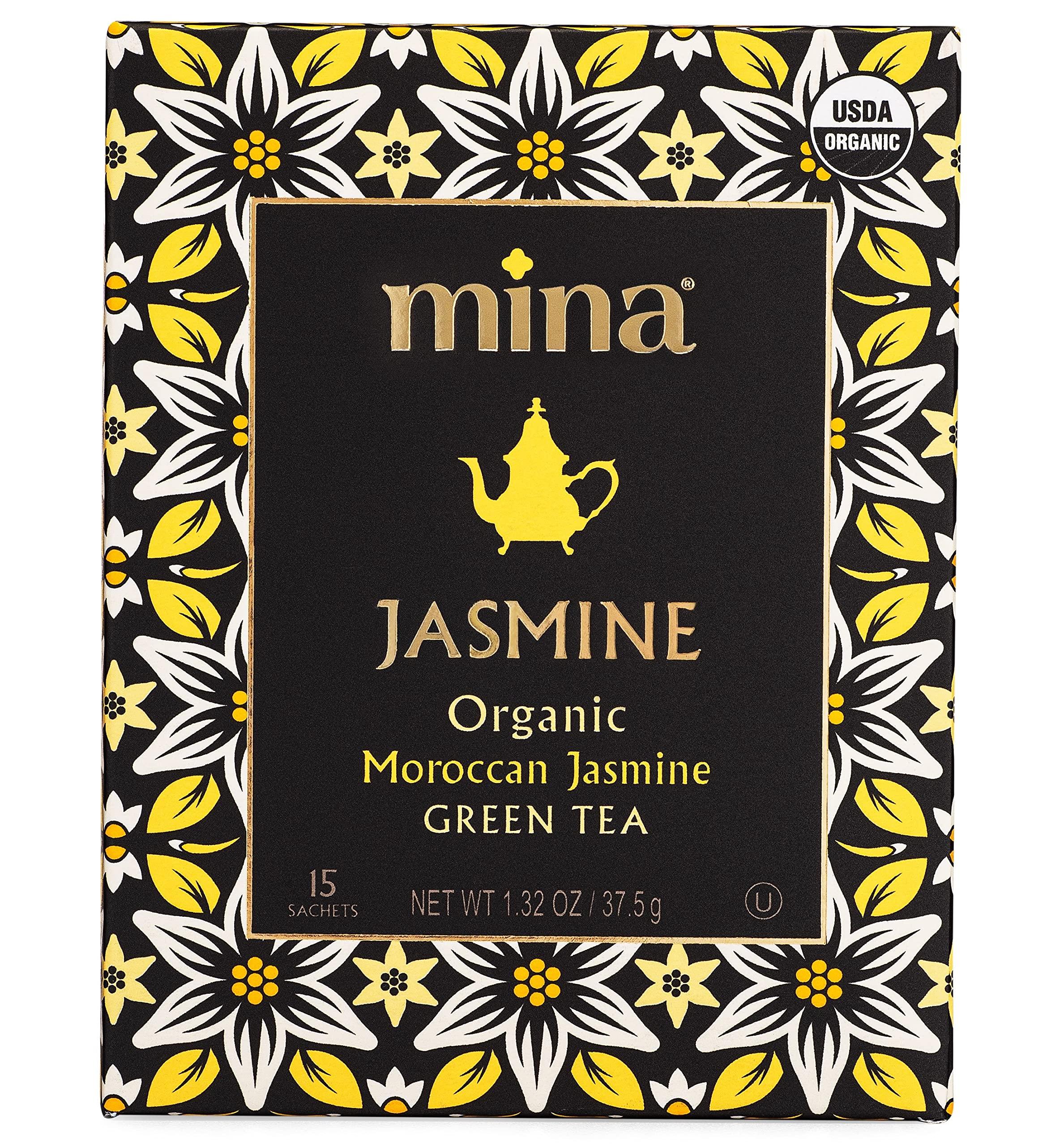 Mina Mina Organic Moroccan Jasmine Green Tea, 15 Biodegradable Sachets (Pack of 6), Jasmine Scented Green Tea Bags with Enchanting Floral Essence, Refreshing Aroma, Enjoy Hot or Iced