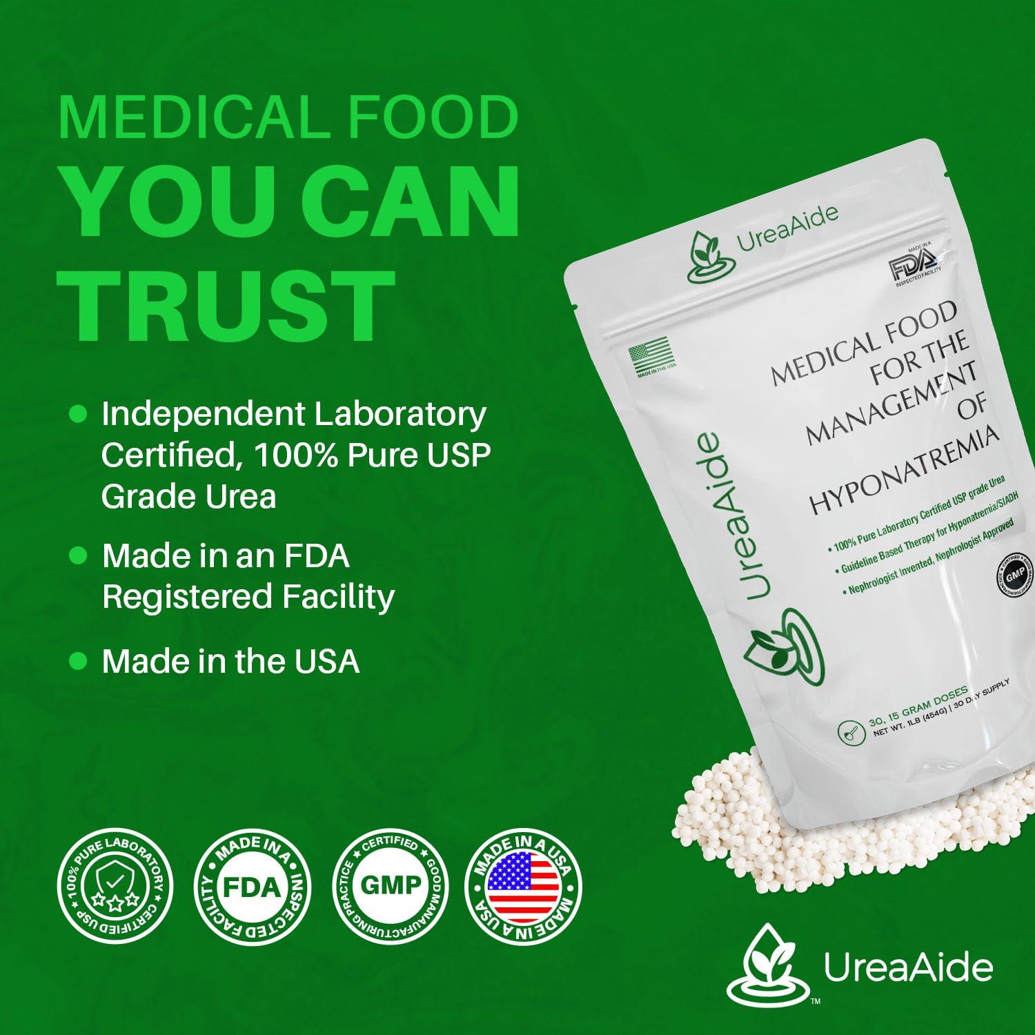 KidneyAide UreaAide Urea Powder for Low Sodium Unflavored 30 Servings Oral Urea Powder for Hyponatremia-Single Ingredient 100% Medical Grade Urea with 15 gram Dose Scoop Mixes with Flavored Drinks by KidneyAide