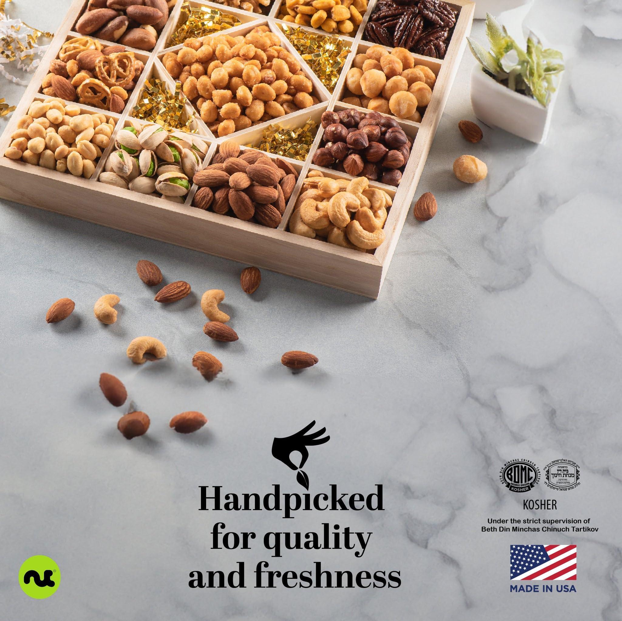 Nut Cravings NUT CRAVINGS Gourmet Collection - Valentines Day Mixed Nuts Gift Basket in Reusable Diamond Wooden Tray + Green Ribbon (13 Assortments) Galentines Arrangement Platter, Healthy Kosher Corporate