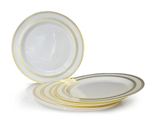 OCCASIONS FINEST PLASTIC TABLEWARE " OCCASIONS " 150pcs set (25 Guests)-Wedding Plastic Plates & cutlery -Disposable heavyweight Dinnerware 10.5'', 7.5'' + Silverware w/double fork (Lace Ivory & Gold)