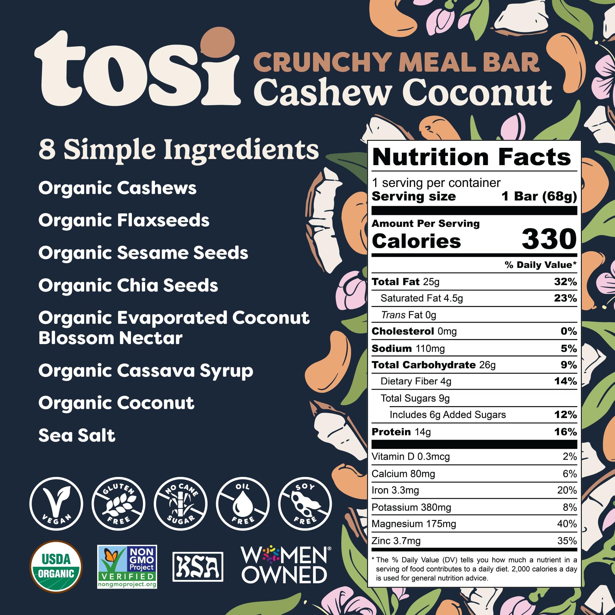 Tosi Tosi Cashew Coconut Protein Bars, Plant Based with Nuts, Gluten-Free Crunchy Snacks, Vegan, Organic, Flax & Chia Seeds, Soy-Free, Omega 3s, 14G Protein, 2.4 oz, 12-Pack