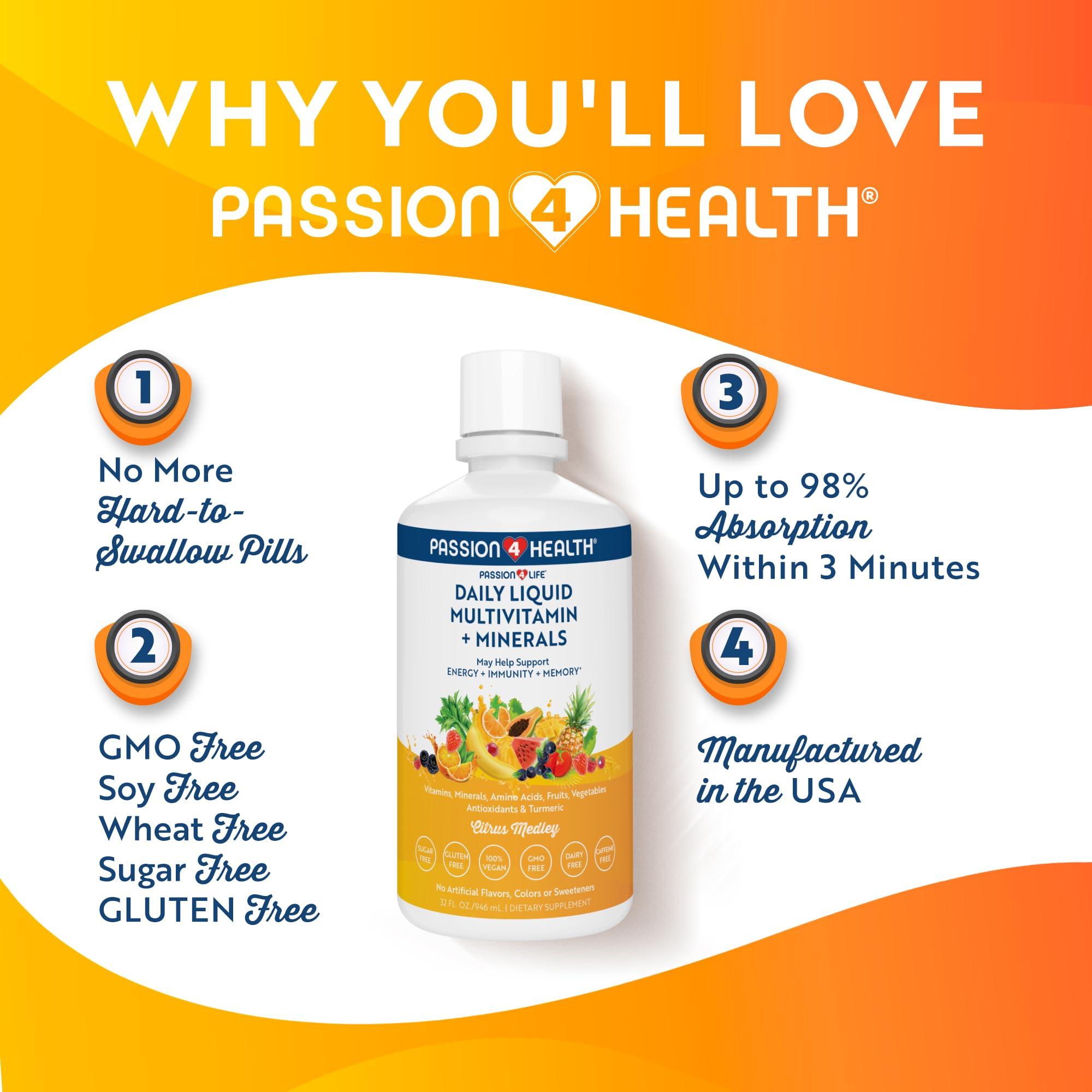 Passion 4 Life Passion 4 Life Mega Liquid Multivitamins, Trace Minerals, Amino Acids, Turmeric for Adults, Men, Women, Teens, Kids, Non-GMO, No Soy, No Dairy