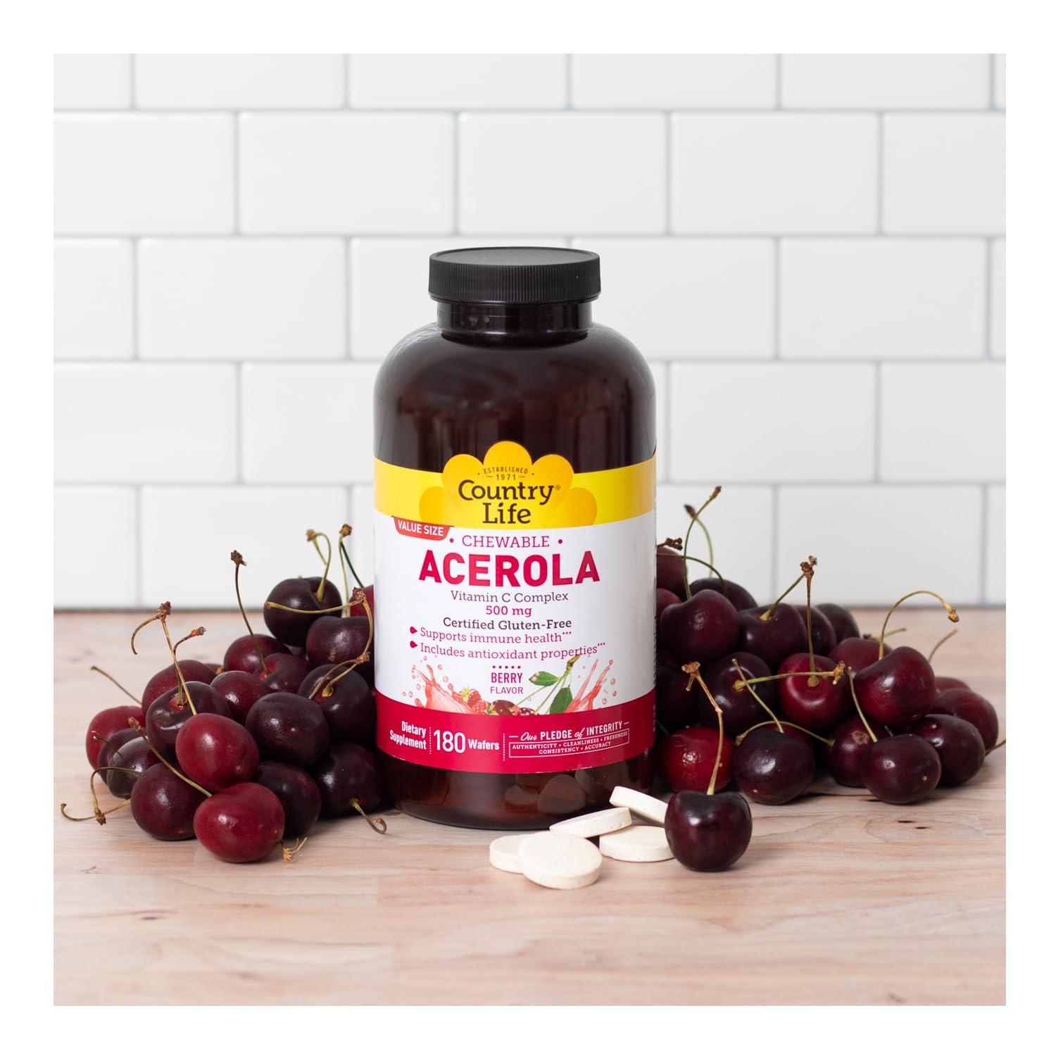 Country Life Country Life Acerola Vitamin C Complex, 500mg, Chewable Berry Flavored Wafers, Supports Immune Health, 180 Wafers, Certified Gluten Free by GFCO, Certified Vegan by AVA