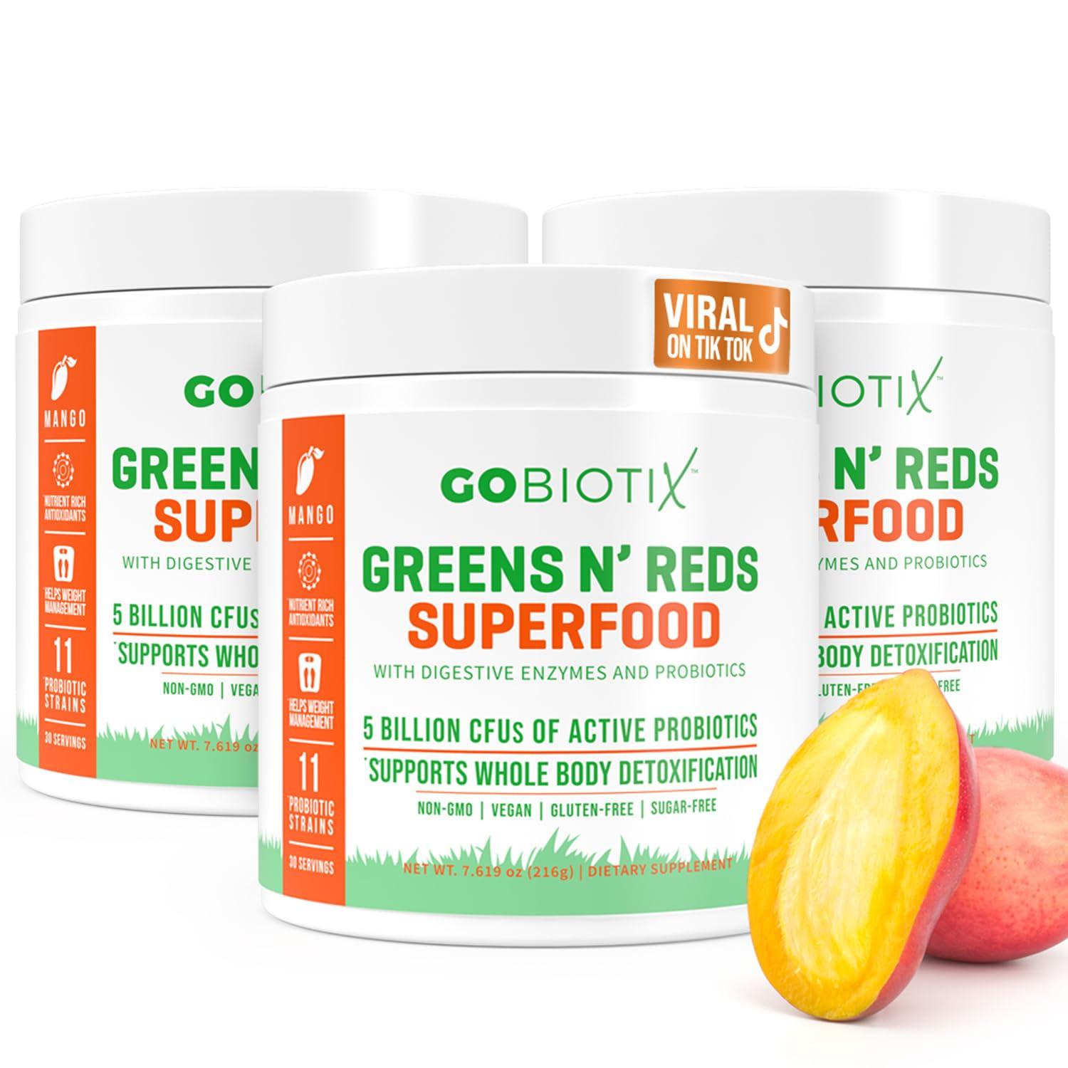 GOBIOTIX GOBIOTIX Super Greens and Reds Powder - Red and Green Superfood - Probiotic Supplement - Digestive Enzymes and Beet Root Powder - Organic Whole Foods Dietary Supplement (Mango, 3 Pack)