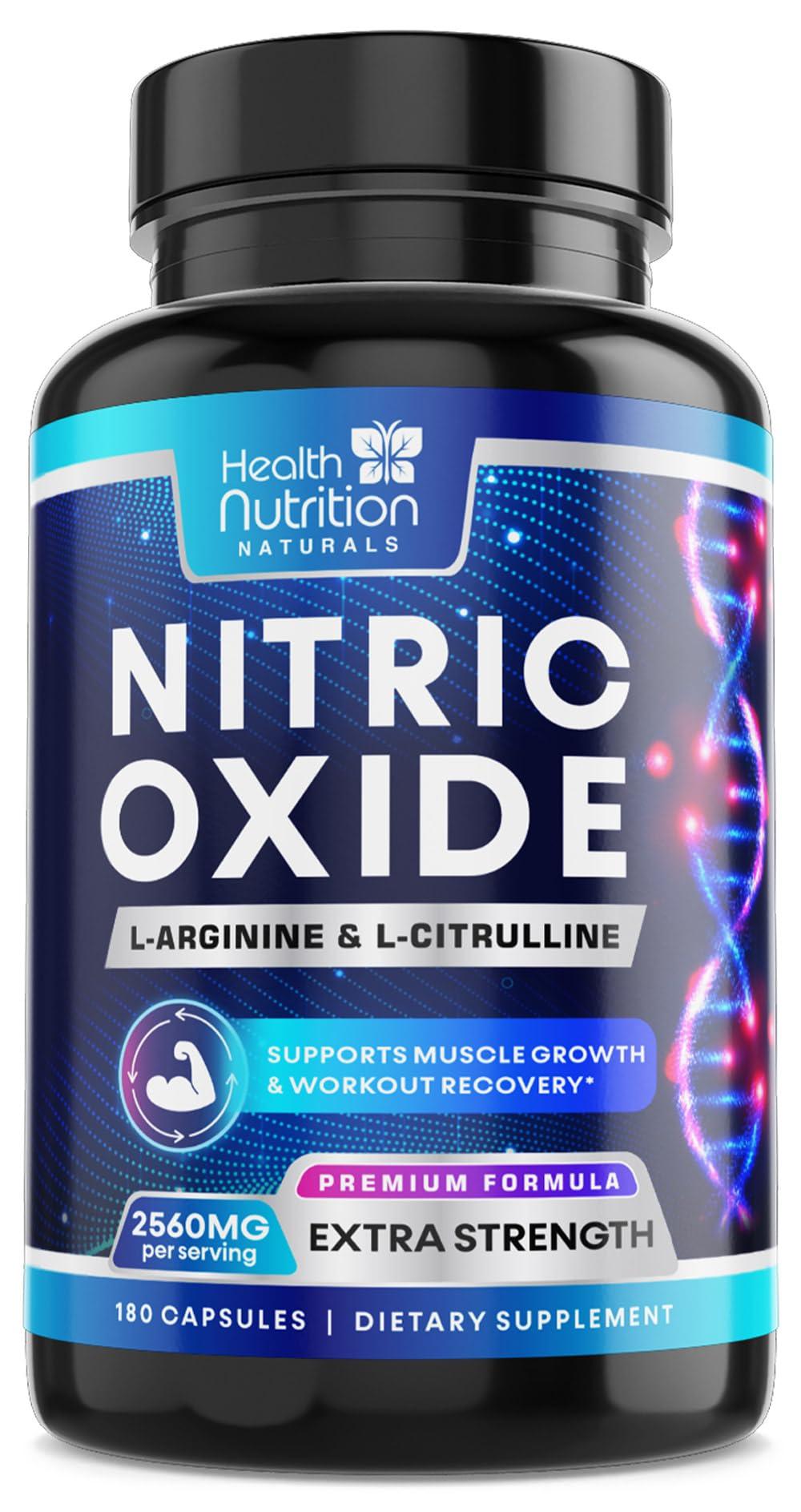 Health Nutrition Naturals Extra Strength Nitric Oxide Supplement L Arginine 3X Strength - Citrulline Malate, AAKG, Beta Alanine - Premium Muscle Supporting Nitric Booster for Energy & Strength to Train Harder - 180 Capsules