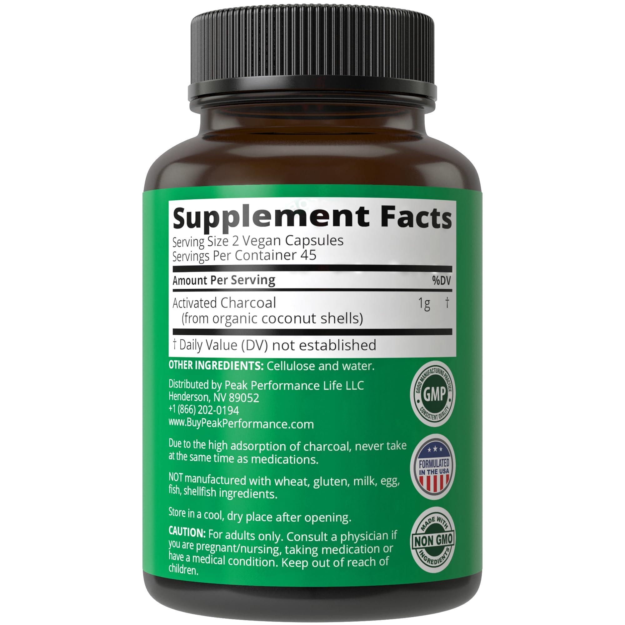 Peak Performance Coffee Peak Performance Activated Charcoal Vegan Capsules from Wild Harvested Coconut Shells. Best Safe Charcoal Pills Supplement for Detox, Gas Relief, Bloating. for Men and Women 90 All Natural Tablets