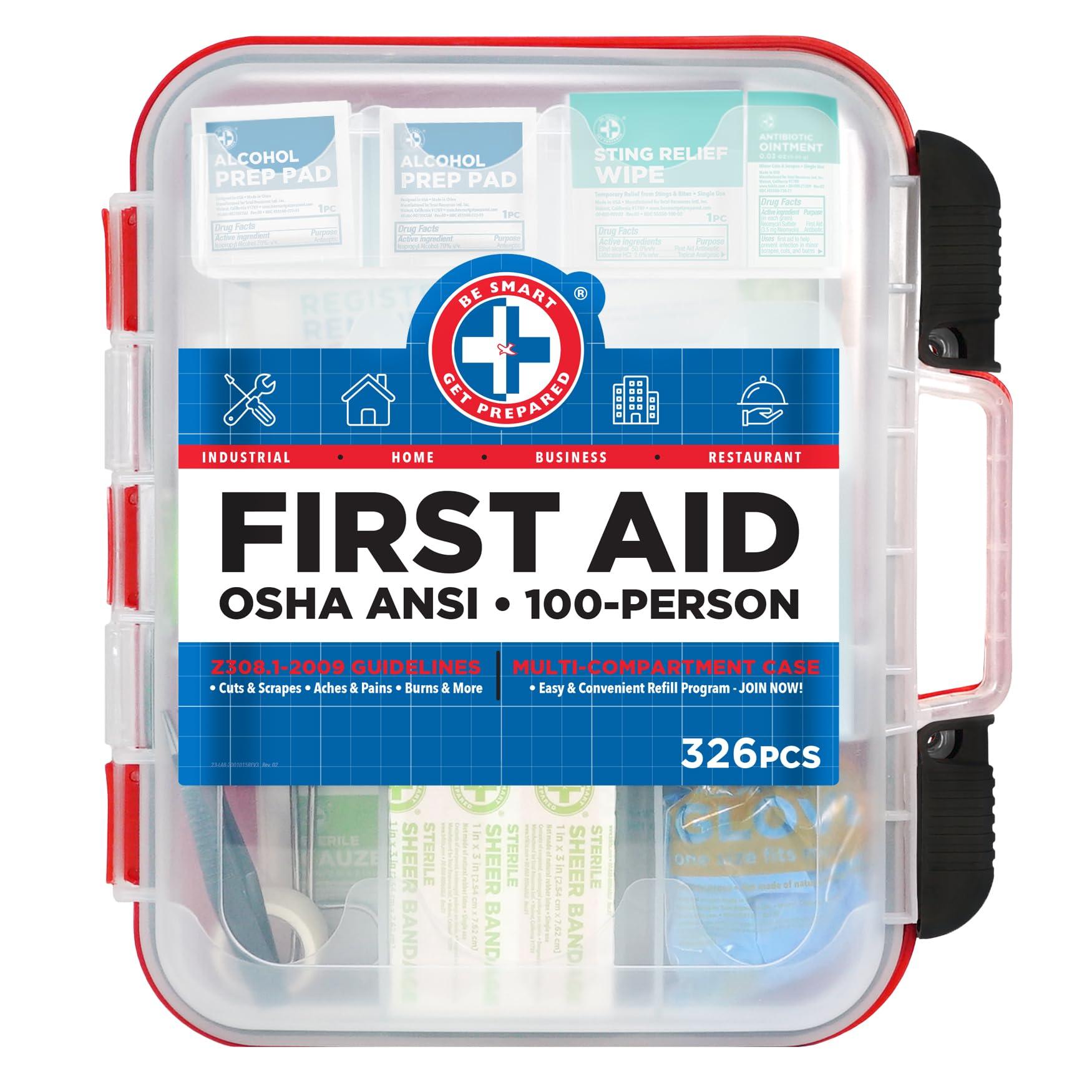 Be Smart Get Prepared Be Smart Get Prepared First Aid Kit Hard Red Case 326 Pieces Exceeds OSHA ANSI Guidelines 100 People. Office, Home, Car, School, Emergency, Survival, Camping, Hunting and Sports, FSA / HSA Approved