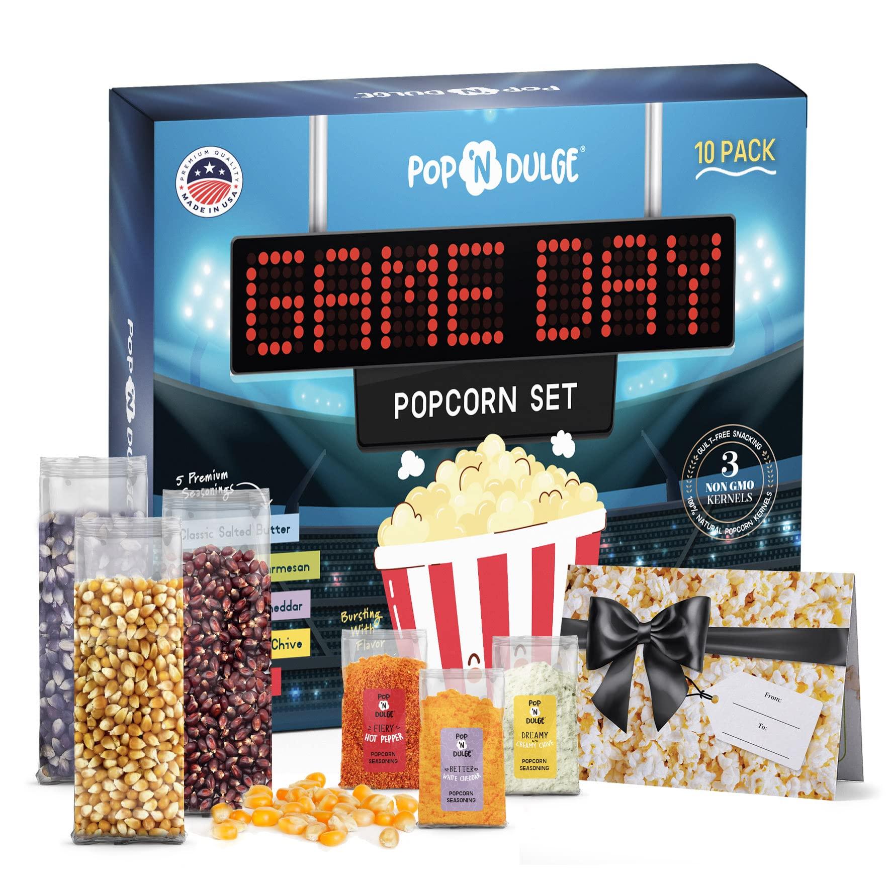 Pop n' Dulge Game Day Movie Night Popcorn Gift Set Gifts For Men Family Gifts Party Supplies, 5 Non-GMO Gourmet Popcorn Kernels and 5 Popcorn Seasoning Flavoring - 10 Pack