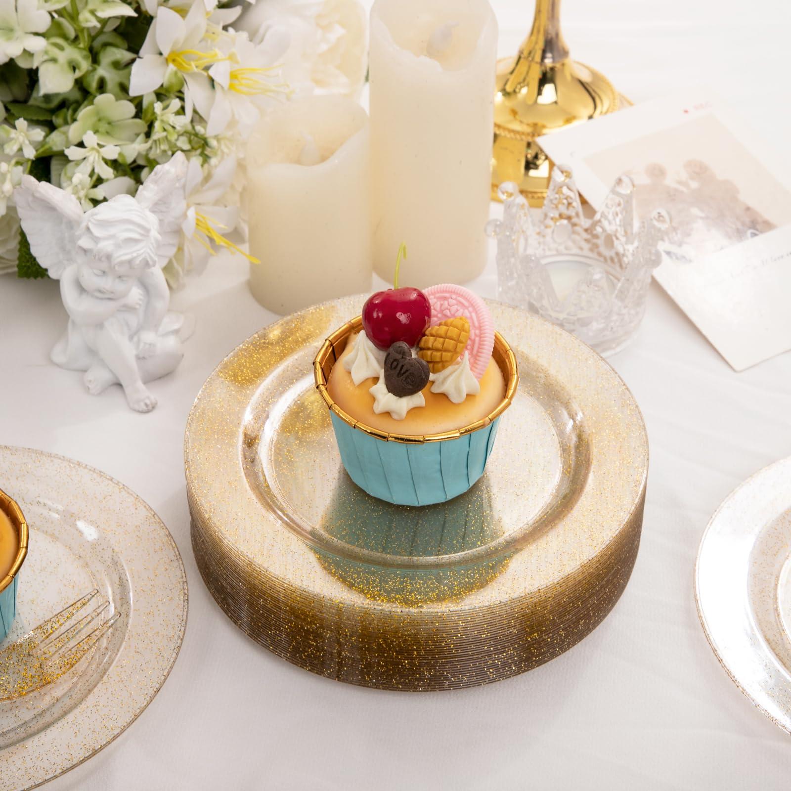 WELLIFE WELLIFE 60PCS Gold Glitter Dessert Plates and 60PCS Plastic Forks, 6.5 inch Disposable Dessert Plates for 60 Guests, Durable Gold Glitter Cake Plates, Perfect for Party
