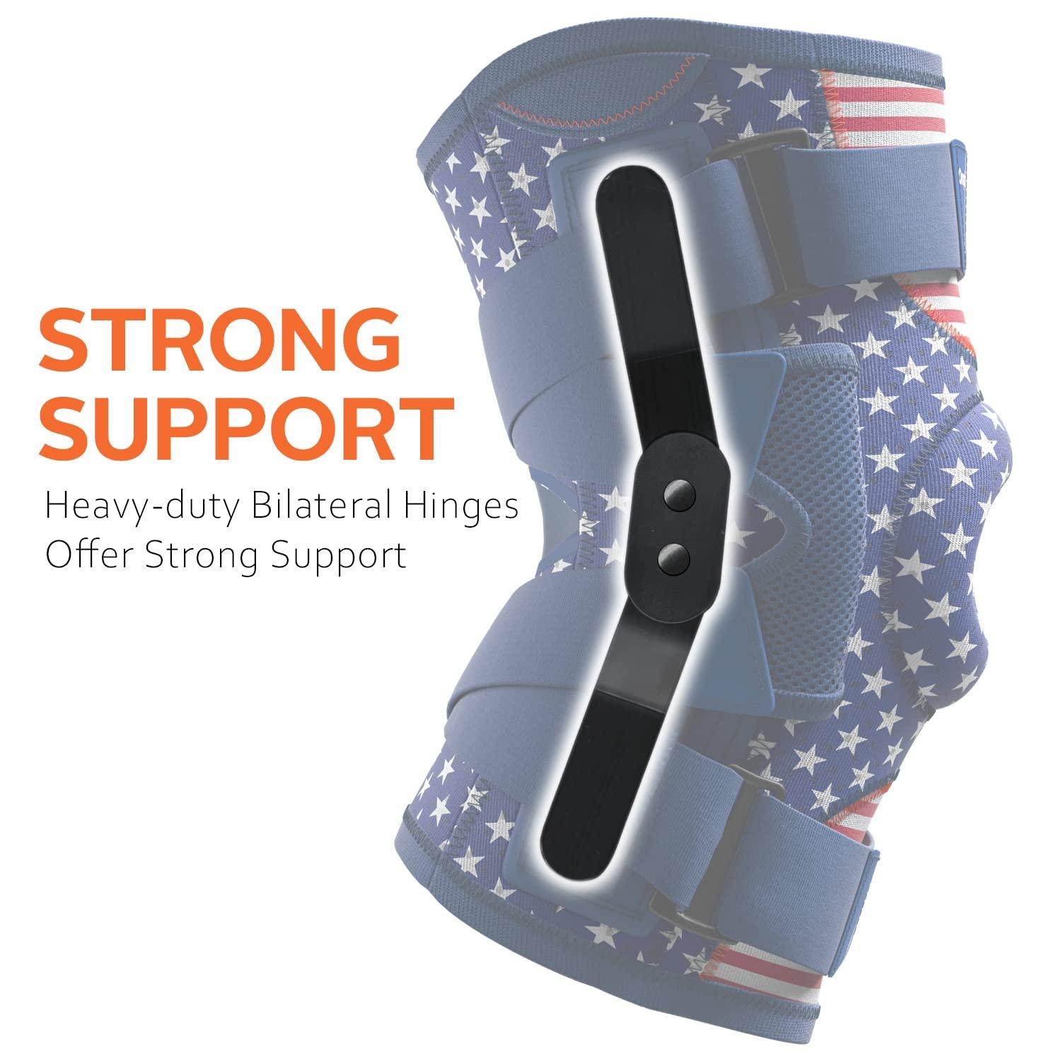 Omples Omples Hinged Knee Brace for Knee Pain Knee Braces for Meniscus Tear Knee Support with Side Stabilizers for Women and Men Patella Knee Brace for Arthritis Pain Working Out Running American Flag (X-Large)