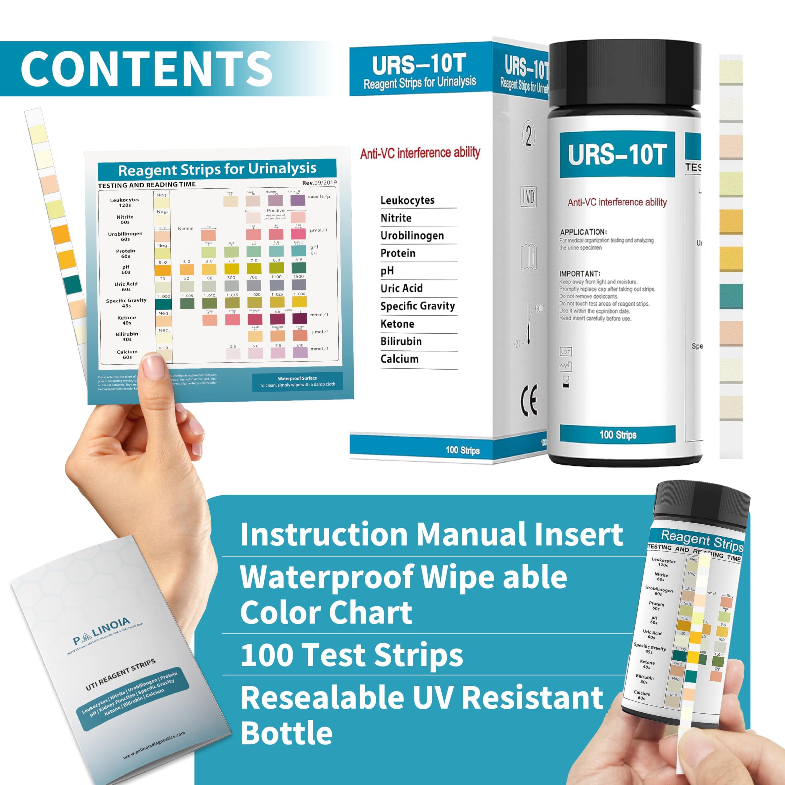 Palinoia URS 10-in-1 Urine Test Strips 10 Parameters Testing UTI, Urinalysis for Ketosis, pH, Protein, Kidney and Liver Function, 100 CT
