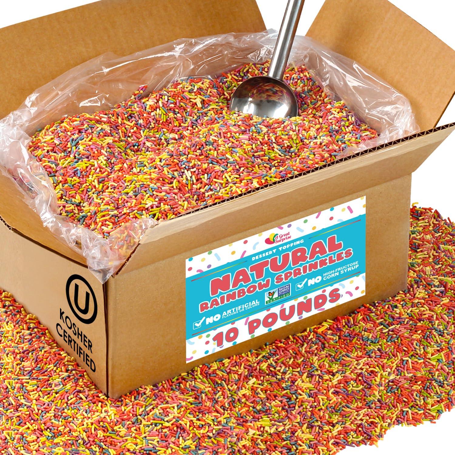 A Great Surprise BULK Natural Rainbow Sprinkles - 18 LB Wholesale Sprinkles - NON GMO, Dye-Free Jimmies - Bulk Sprinkles No Artificial Dye for Cake Decorating - Great for Bakeries, Ice Cream Shops, Catering Large Parties