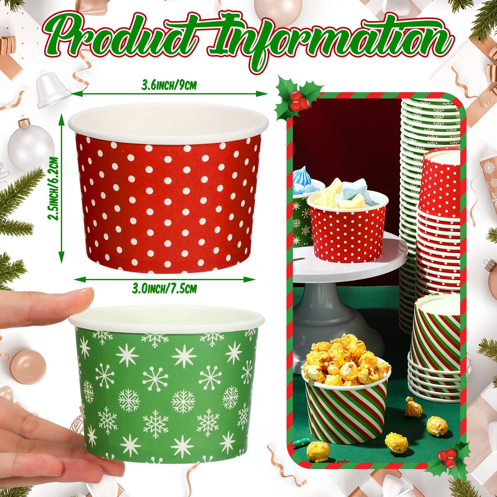 Potchen Potchen 9 oz Christmas Paper Ice Cream Cups Xmas Disposable Dessert Bowls Snack Cups Soup Cups Polka Dot Snowflake Striped Paper Bowls for Hot or Cold Food Christmas Party Supplies(180 Pcs)