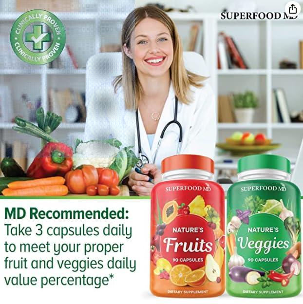 Superfood MD Superfood MD Fruits and Veggies Supplement - 90 Fruit and 90 Veggie Capsules - Supports Energy Balance, High Lycopene, Vitamins & Minerals -Made in The USA - 90 Count (Pack of 2)