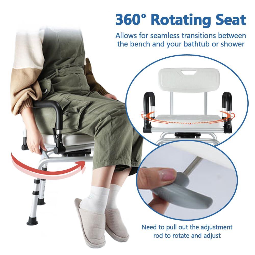EDWERD Sliding Shower Chair with Swivel Seat - Bath Tub Transfer Benches for Disabled Handicap, Weight Capacity up to 350 LBS, Adjustable Height: 14"~19"