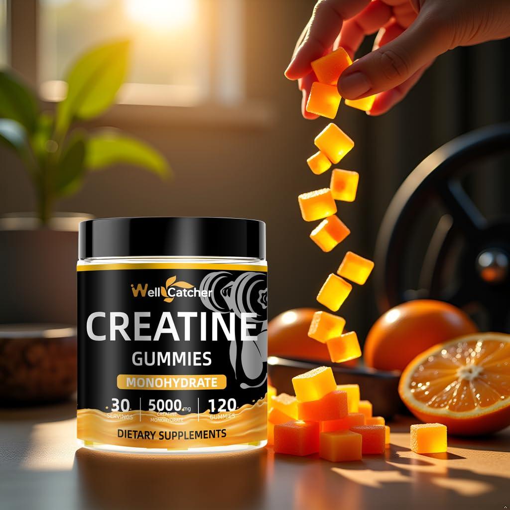 Wellcatcher Creatine Monohydrate Gummies for Men Women - Vegan Creatine Supplement Gummies 5000mg Chewable for Muscle Strength Growth Recovery, Lab Tested Preworkout Gummies Sugar Free Orange Flavor 120ct