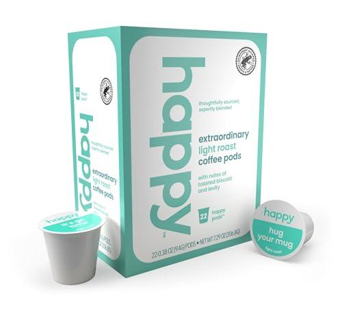 We Are Happy, LLC happy coffee light roast coffee pods, 22 count, notes of toasted biscotti and levity, compatible with most K-cup brewers, rainforest alliance certified