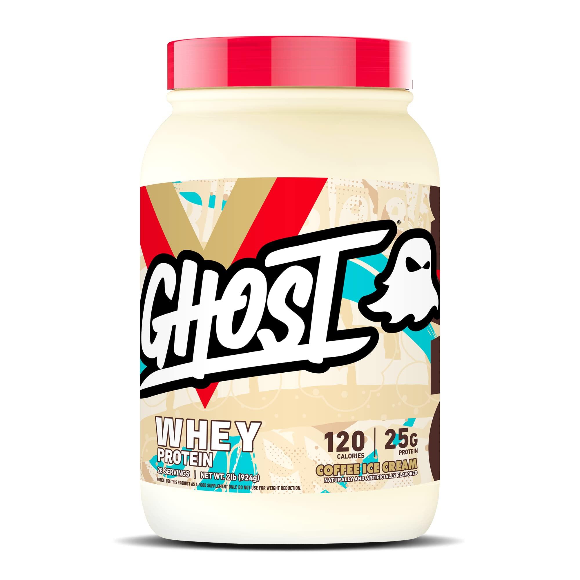 GHOST GHOST Whey Protein Powder, Coffee Ice Cream - 2LB Tub, 25G of Protein - Flavored Isolate, Concentrate & Hydrolyzed Whey Protein Blend - Post Workout Shakes - Soy & Gluten Free
