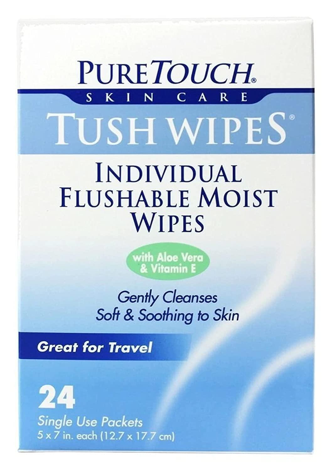 Pure Touch Skin care PureTouch Tush Wipes- Individual Flushable Moist Wipes 6 boxes of 24 (144 Single-Use-Packets)