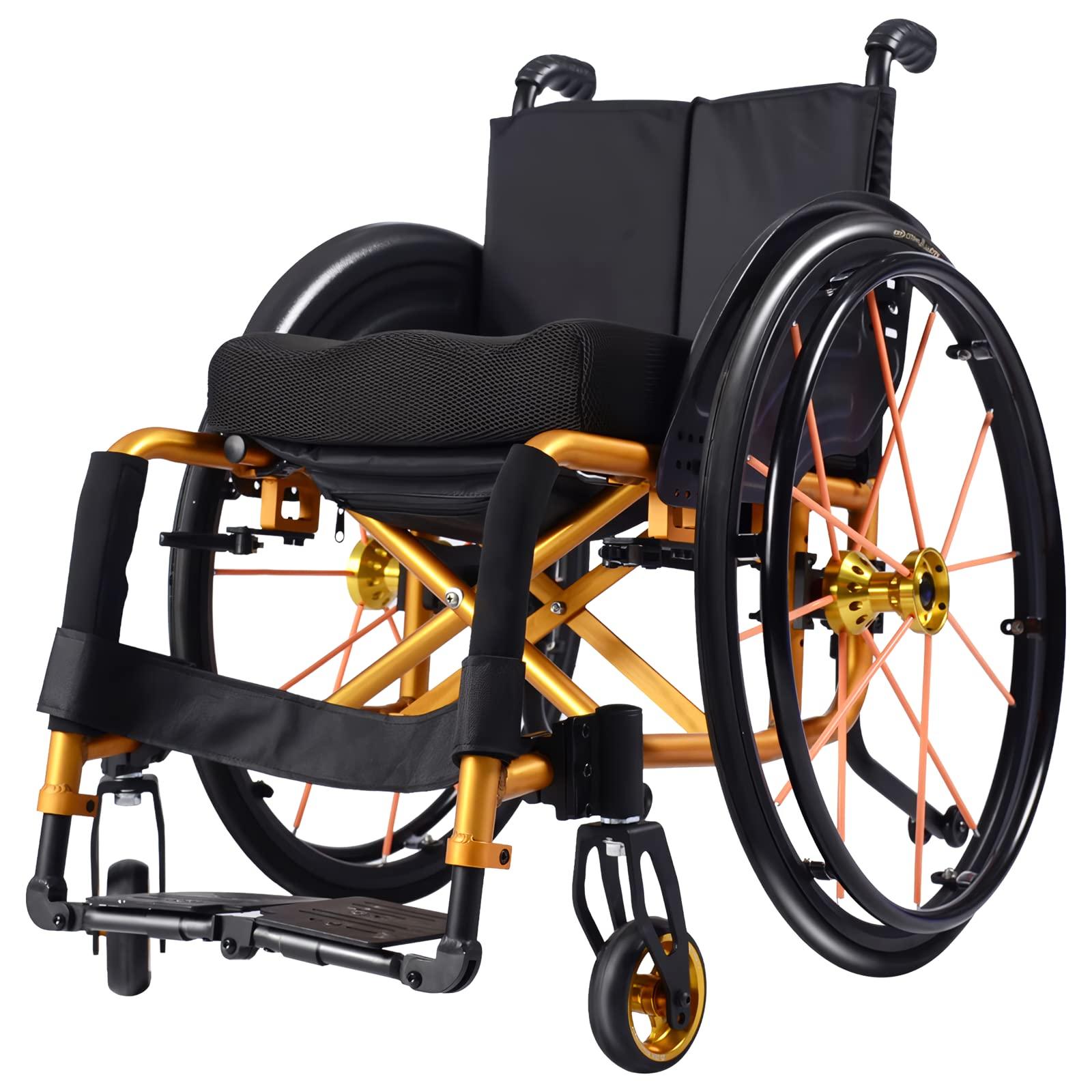 CUIOT Sports Wheelchair - Lightweight Folding Transport Wheelchairs with Adjustable Footrest And Seat Height, Aluminum Alloy Sports Leisure Racing Chair with Anti-Tipper for Disabled, 24" Rear Wheels,Gold,S