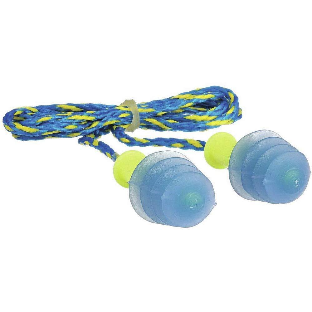 Howard Leight by Sperian Leight Multiple Use Fusion 4-Flange Blue And Yellow Thermal Plastic Urethane Corded Earplugs With Detachable Nylon Cord (1 Pair Per HearPack, 100 Pair Per Box) [Set of 100]