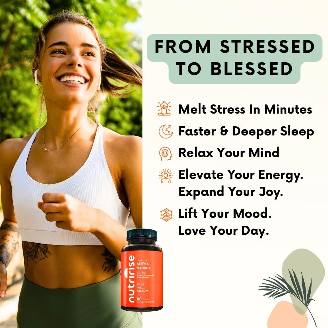 NutriRise NutriRise Organic Ashwagandha Root Capsules with Black Pepper, 1300mg, Natural Stress & Mood, Thyroid & Immune Support Supplement, Clarity, Focus & Energy, Gluten Free, 60 Count