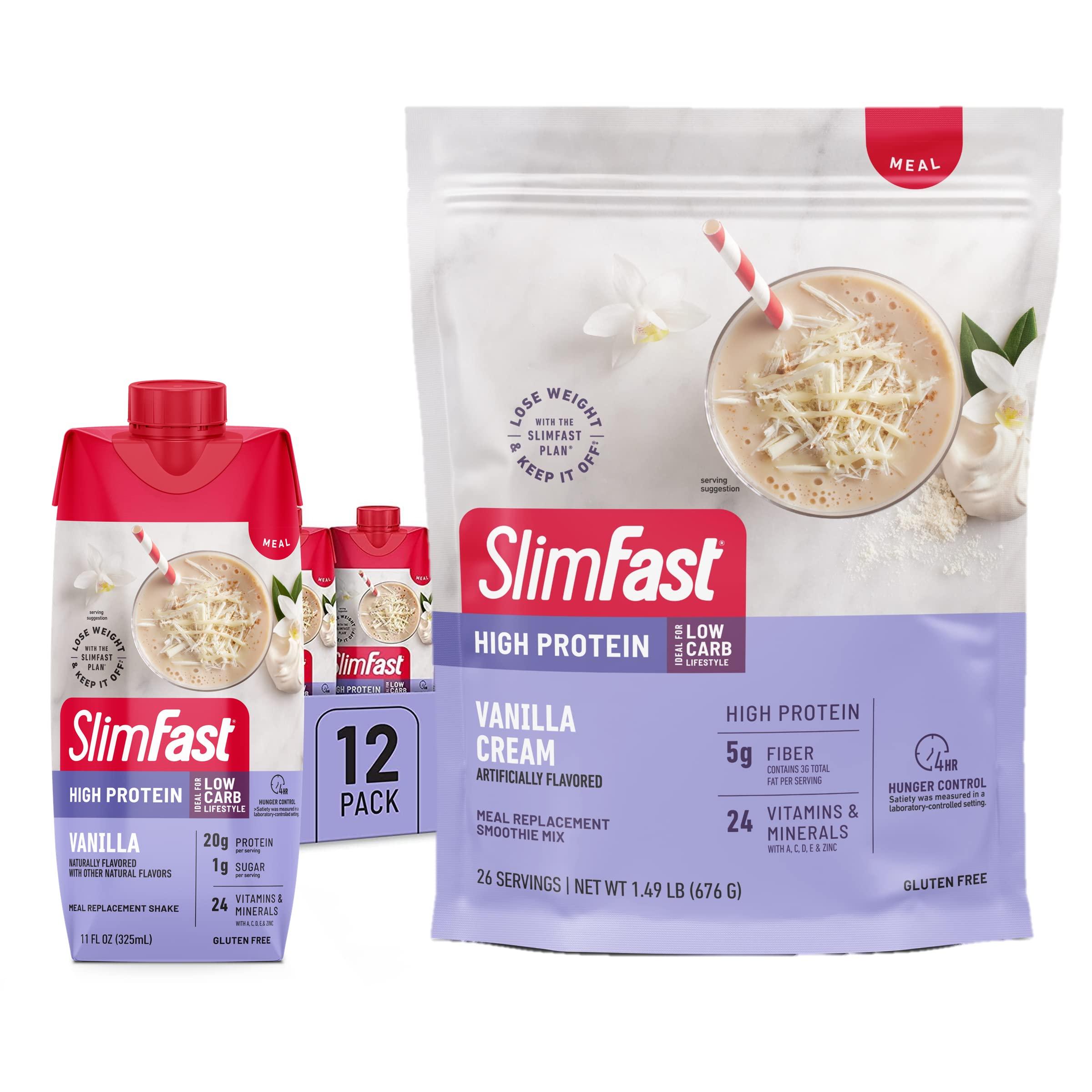 SlimFast SlimFast High Protein Vanilla Bundle- 12 Count of Vanilla High Protein Meal Replacement Shakes (20g Protein) with 26 Servings of Vanilla High Protein Powder Mix (20g Protein)