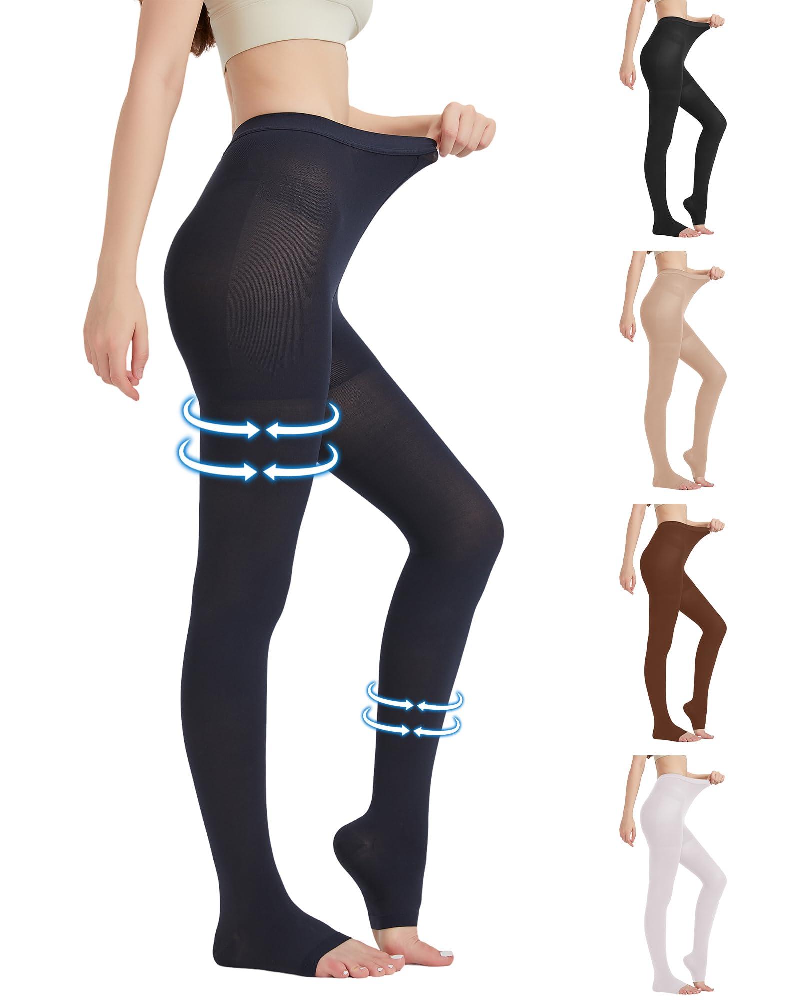 MGANG MGANG Medical Compression Pantyhose for Women & Men, 15-20mmHg Graduated Compression Support Tights, Open Toe, Opaque Waist High Compression Stockings for Edema, Varicose Veins, Flight, Navy Blue XL