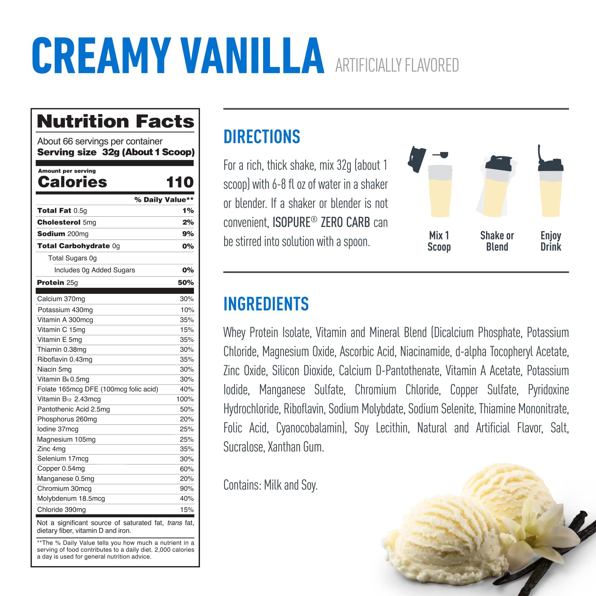 Isopure Isopure Zero Carb 100% Pure Whey Isolate Protein Powder, Lactose Free, Gluten Free, With Vitamins, Creamy Vanilla, 25g Protein Per Serving, 4.5 Lbs, 66 Servings