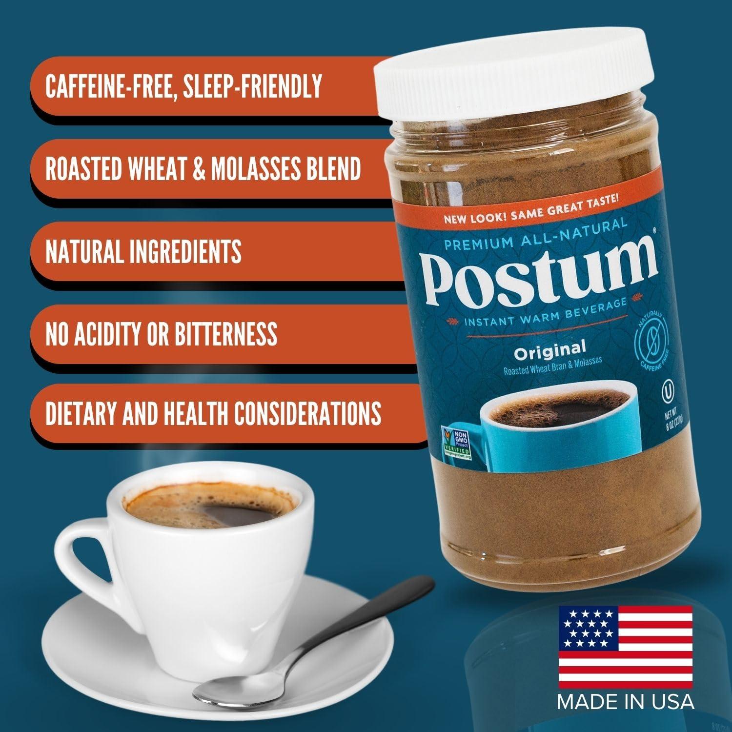 Postum Postum Original Coffee Substitute Caffeine Free Delight with Roasted Wheat Bran & Molasses (2 x 8oz) | Natural, Non-GMO, Vegan & Healthy Coffee Alternative Caffeine Free