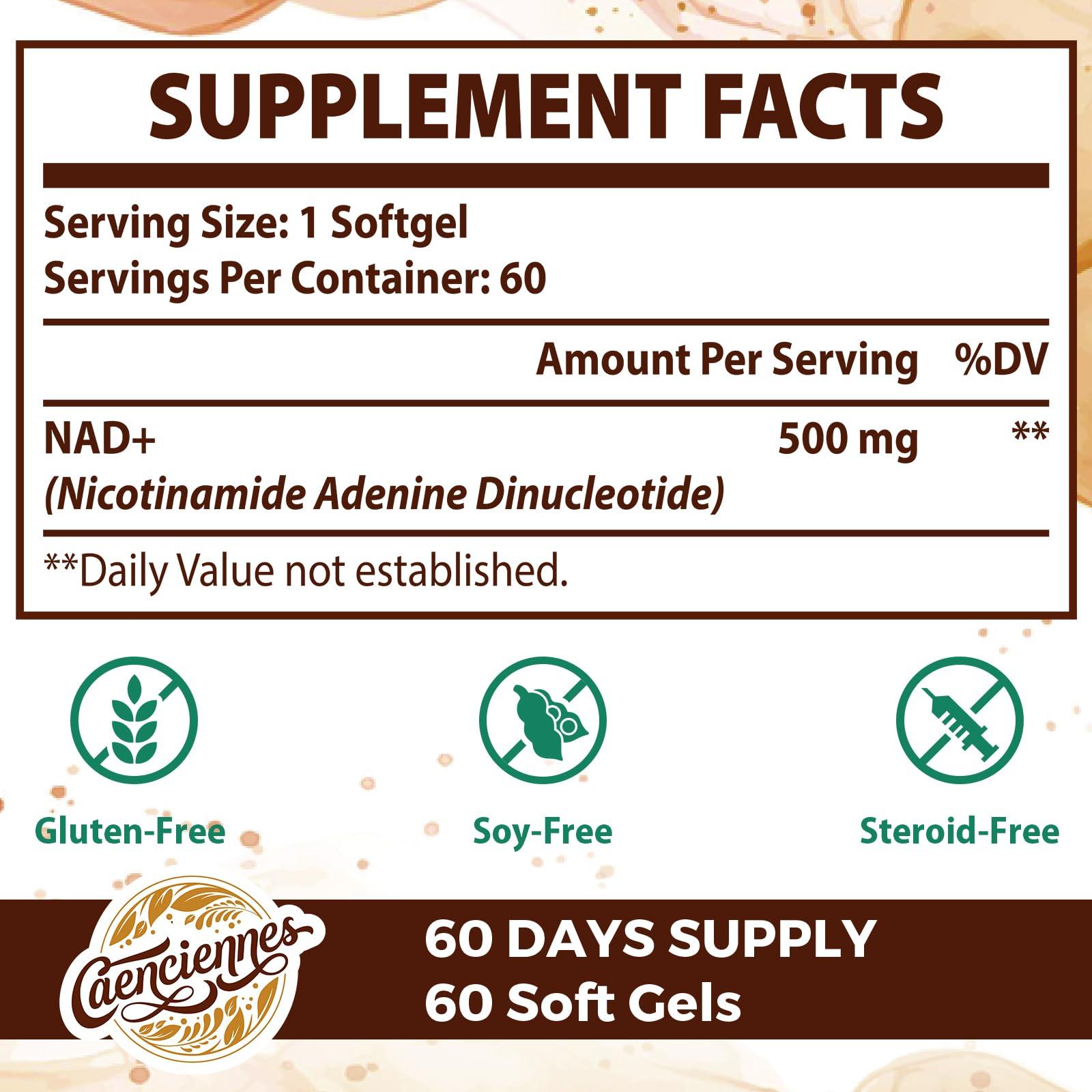 Caenciennes Liposomal NAD+ 500 MG Supplement, True NAD Plus Supplement, Superior Absorption, Boost NAD+ More Efficient Than Nicotinamide Riboside for Cellular Energy, Healthy Aging, 120 Serving