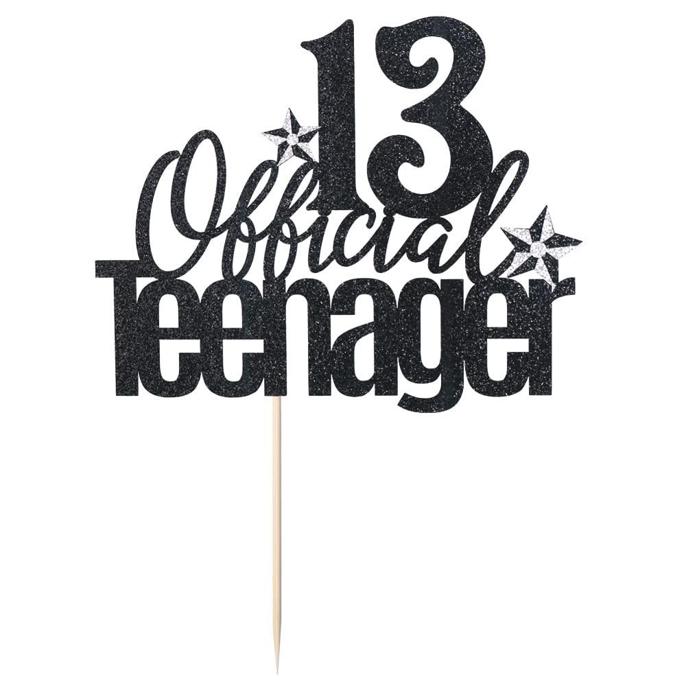 Qertesl Qertesl 13 Official Teenager Cake Topper, 13th Birthday Cake Topper, Hello 13 Cake Topper, Cheers to 13 Years, Boy Girl 13th Birthday Party Cake Decoration (black)