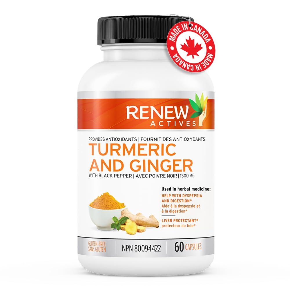 Renew Actives Renew Actives Ginger Turmeric Curcumin Capsules - Potent Antioxidant with Bioperine & Black Pepper Blend for Digestive & Liver Health - Easy-to-Swallow Capsules - 60 Vegan Capsules