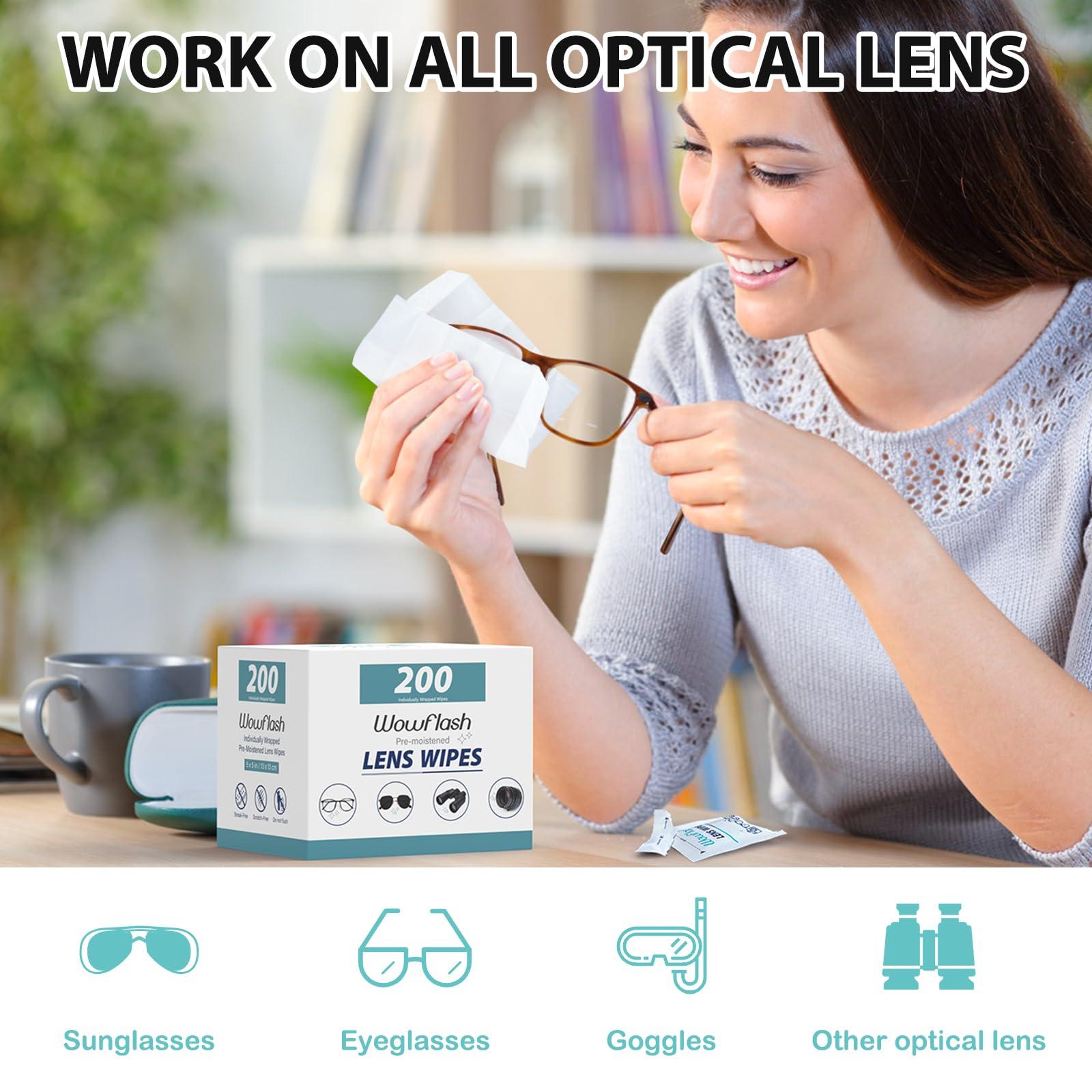 Wowflash 200 Count Lens Wipes for Eyeglasses, Eyeglass Lens Cleaning Wipes Pre-moistened Individually Wrapped Sracth-Free Streak-Free Eye Glasses Cleaner Wipes for Sunglass, Camera Lens, Goggles