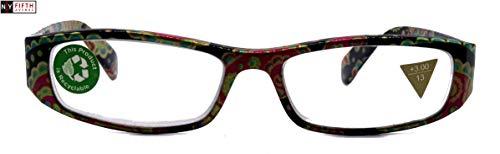 NY FIFTH AVENUE Florence, Premium Reading Glasses, High End Readers +1.25 to +3.00 Magnifying. Paisley Green, Optical, Rectangular Style. NY Fifth Avenue