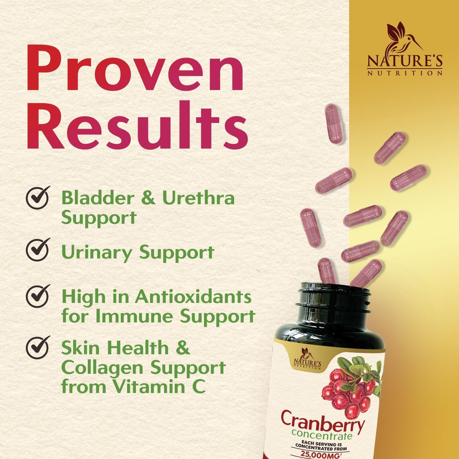 Nature's Nutrition Cranberry Concentrate Extract Supplement for Women & Men + Vitamin C & E - 25,200mg Formula for Urinary Tract Health Support, Non-GMO and Gluten Free, Cranberry Pills Supplement - 120 Softgels