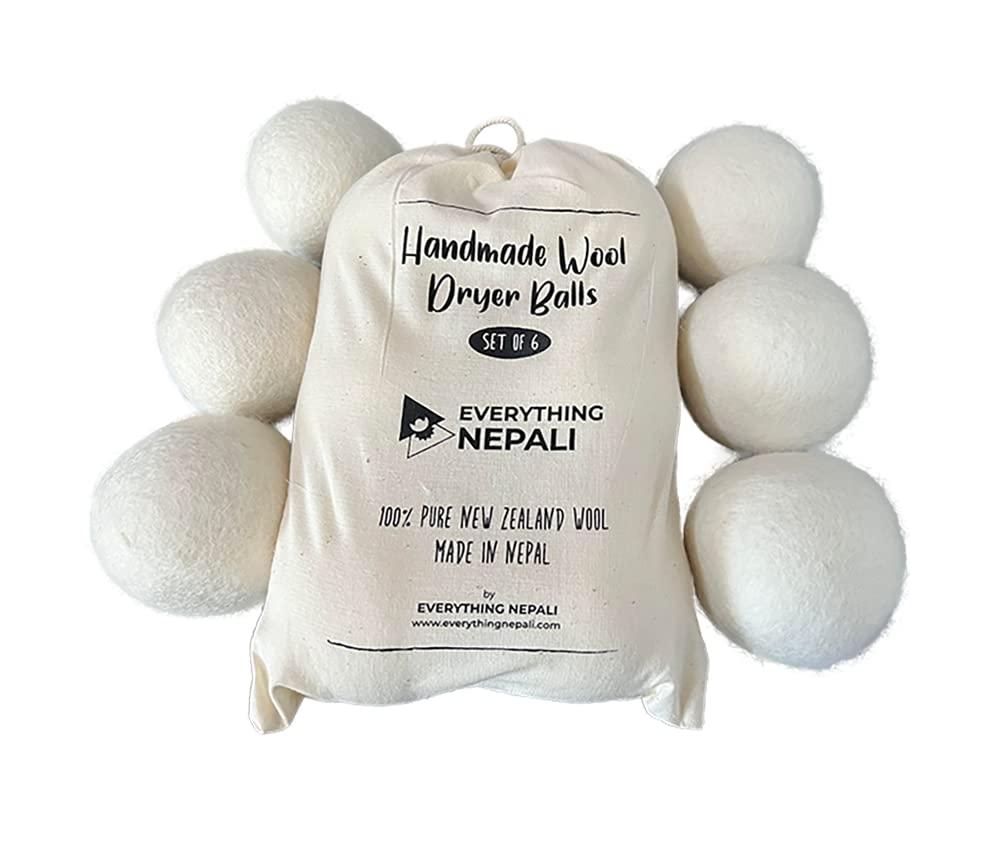 Everything Nepali Laundry Wool Dryer Balls 6 Pack - Premium Natural Organic, Chemical Free, Reusable, Anti Static, Reduces Clothing Wrinkles and Saves Drying Time
