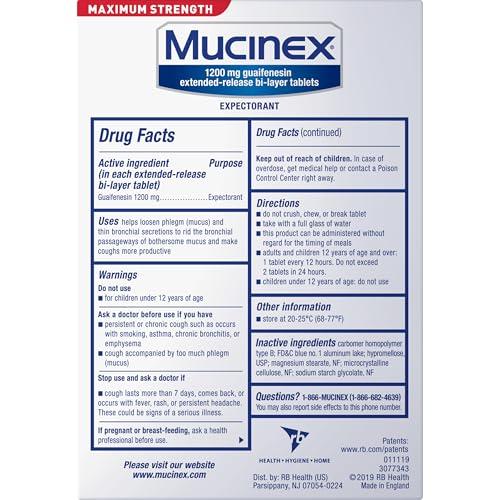 Mucinex Mucinex 12 Hour Maximum Strength 1200 mg Guaifenesin Extended-Release Tablets for Excess Mucus Relief, Expectorant Aids Excess Mucus Removal, Chest Congestion Relief, 42 Tablets