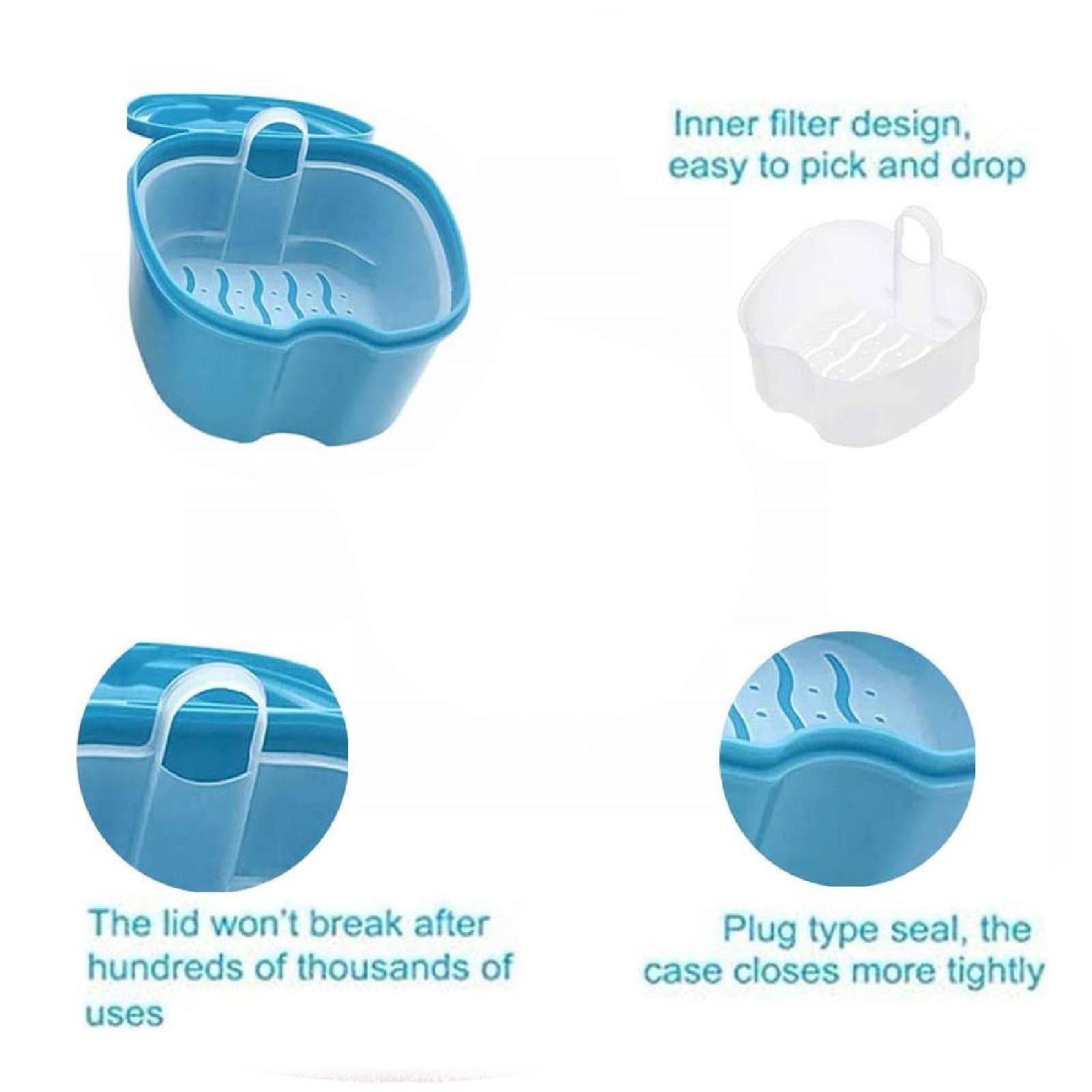 SEIWEI Denture Bath Case Cup Box Holder Storage Container with Strainer Basket for Retainer False Teeth Travel Cleaning (Light Blue)