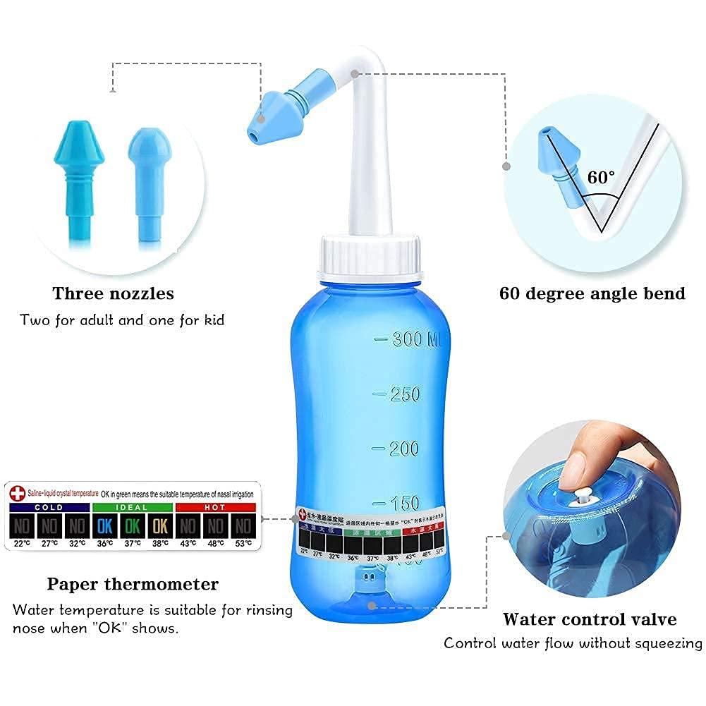 Darate Darate Neti Pot Sinus Rinse Bottle, Nose Wash Cleaner Pressure Rinse Nasal Irrigation for Adult & Kid BPA Free with Sticker Thermometer (300ml)