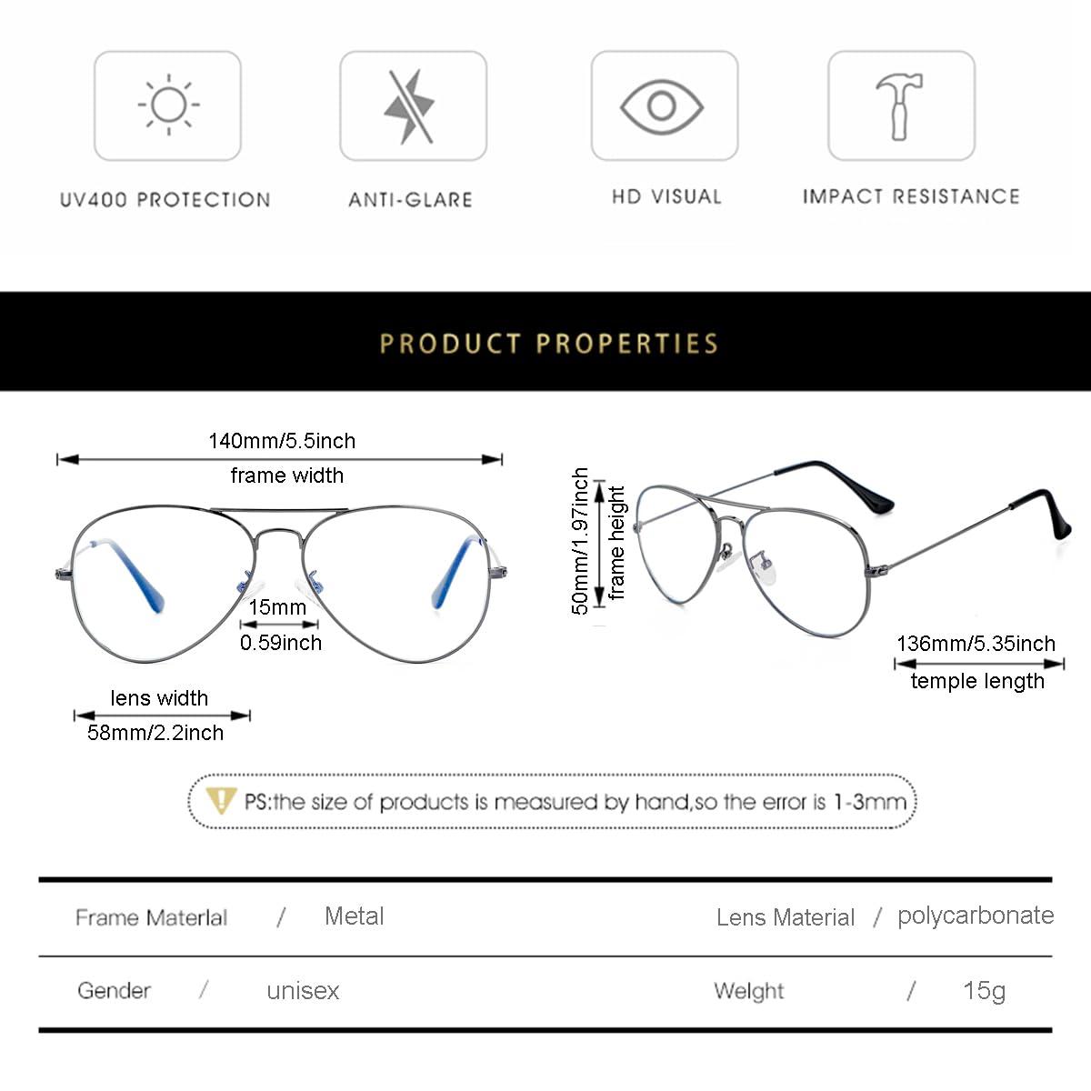 Gleyemor Classic Aviator Blue Light Glasses for Women Men, Metal Frame Clear Lens Eyeglasses (Gunmetal)