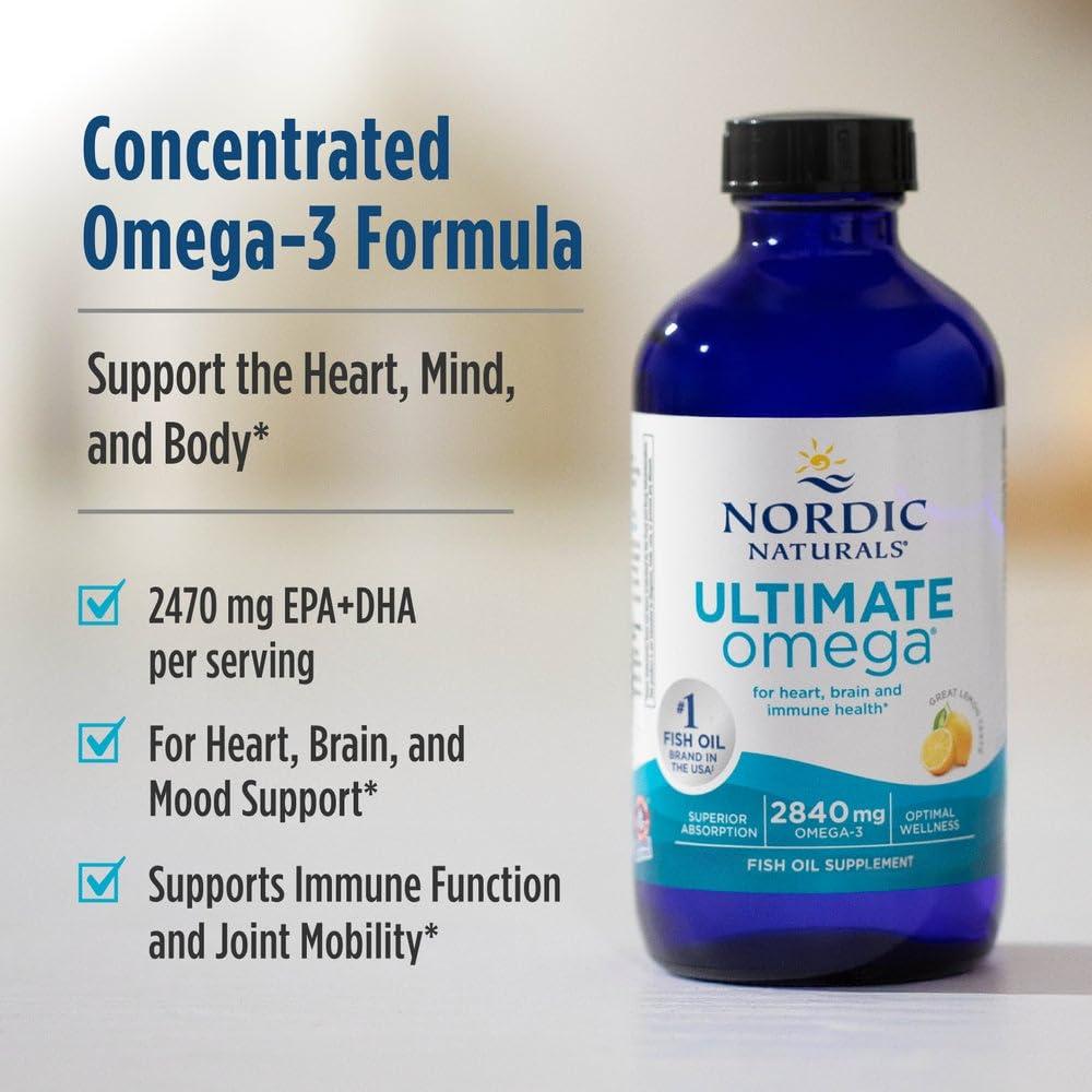 Nordic Naturals Nordic Naturals Ultimate Omega Liquid, Lemon Flavor - 8 oz - 2840 mg Omega-3 - High-Potency Fish Oil Supplement with EPA & DHA - Promotes Brain & Heart Health - Non-GMO - 48 Servings