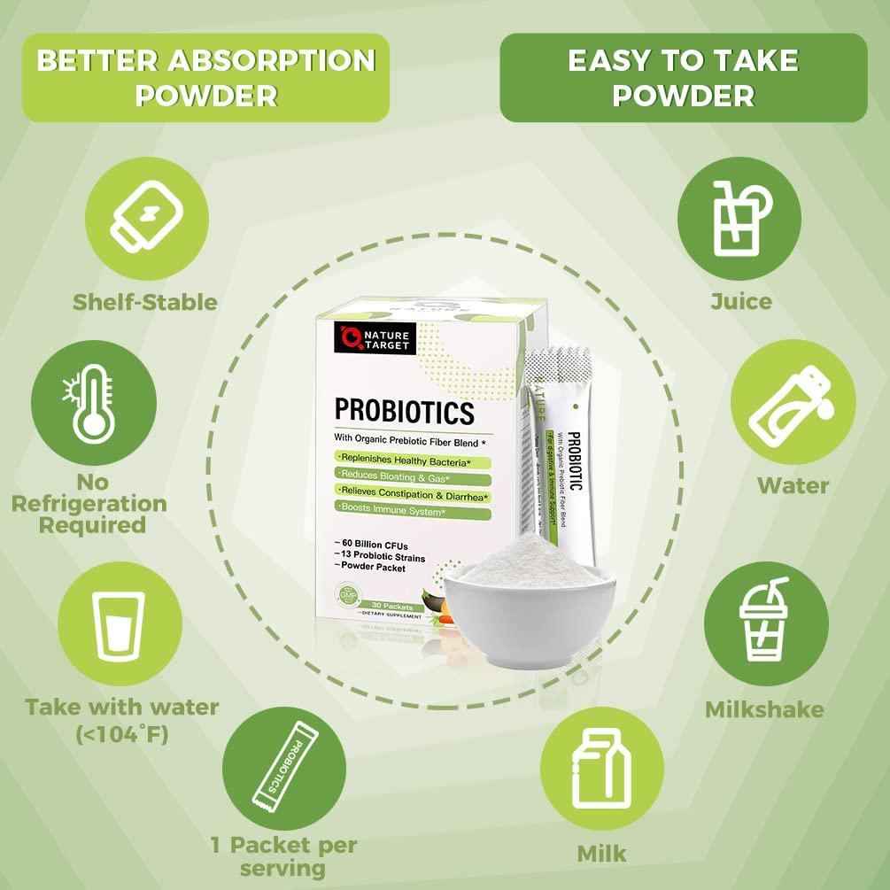 NATURE TARGET NATURE TARGET Probiotics for Women-Men-Kids Probiotic Powder 60 Billion CFUs 13 Strains - Prebiotics and Probiotics for Digestive Health, Shelf Stable, Non-GMO, Gluten Free 30 Packets