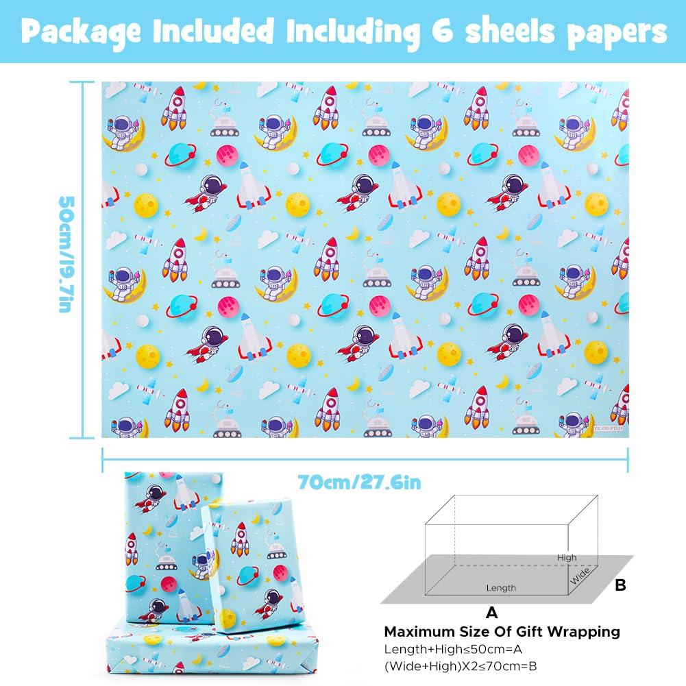 NEPOG Outer Space Wrapping Paper for Boys Girls Kids, Astronauts Rockets Moon Planets Pattern Space Galaxy Wrapping Paper 6 Sheets Folded Flat 20x28 inches per Sheet for Space Theme Birthday Baby Shower