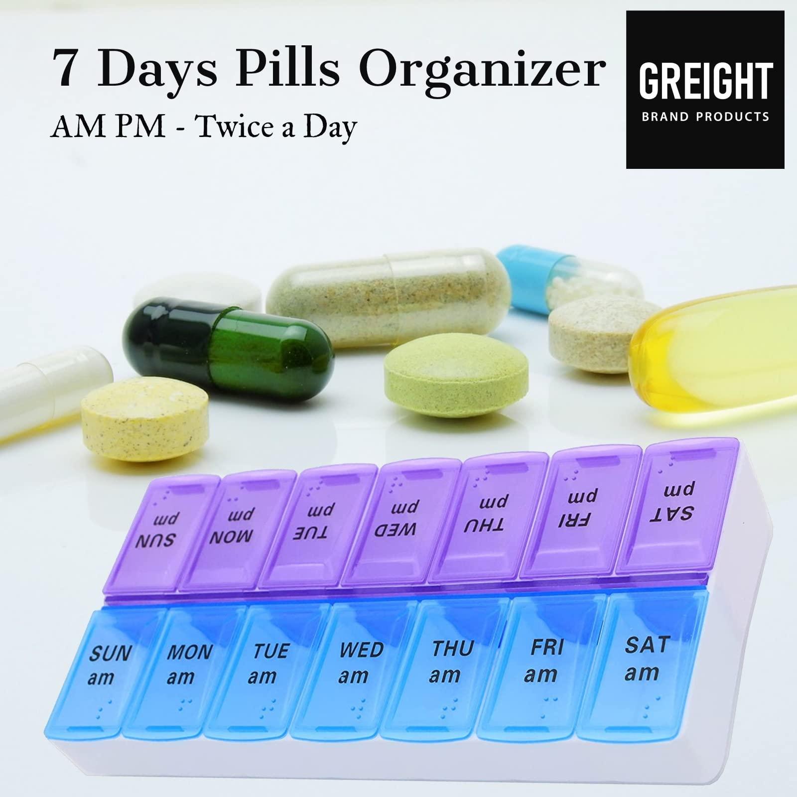 GREIGHT BRAND PRODUCTS XL Pill Organizer - 7 Day Weekly Pill Box AM PM - Twice a Day - 9\" x 4.75\" Extra Large Size Pill Case for Medicines, Vitamins, Supplements -