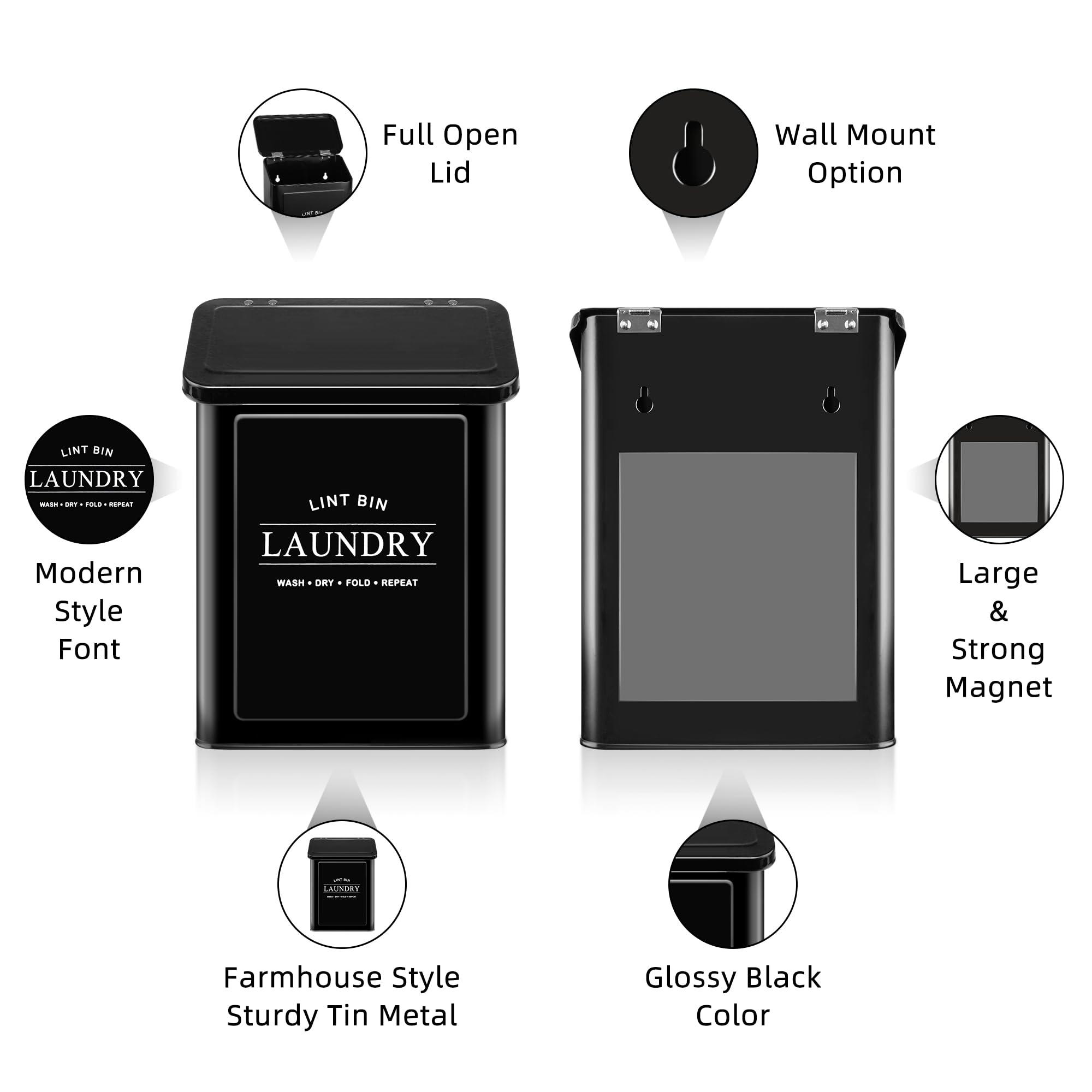 Candco Candco Magnetic Lint Bin for Laundry Room, Metal Lint Trash Can with Lid and Brush, Wall Mounted Lint Box for Dryer, Farmhouse Laundry Room Decor, Black